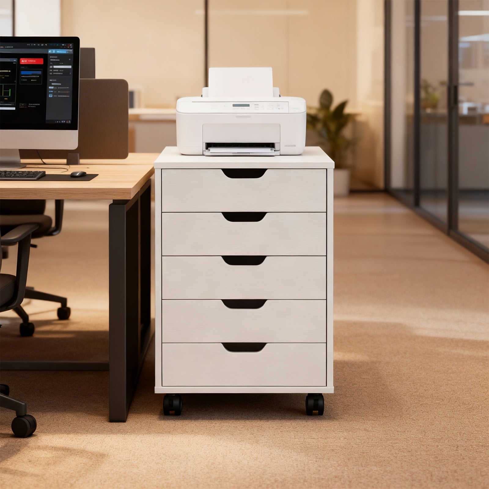 Bonnlo Wood Rolling File Cabinet with Wheels | Mobile Filing Chest with 5 Drawers, Under Desk Storage Organization Printer Stand for Home Office, Contemporary Style, Hardwood Material