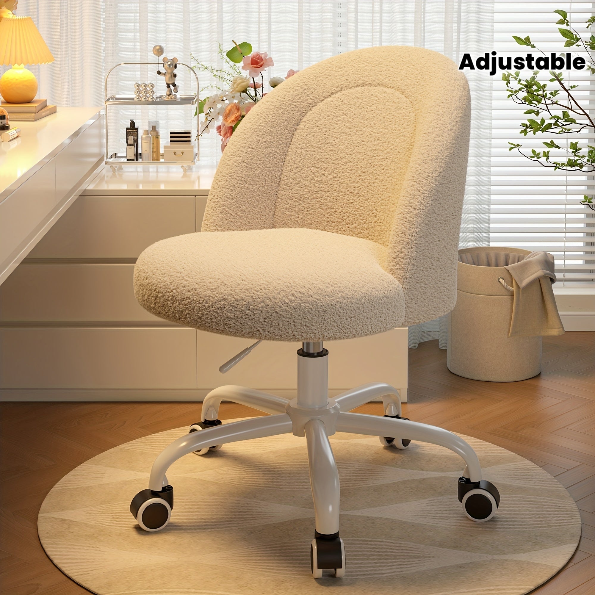 ENHOMEE Vanity Chair with Lumbar Support - Adjustable Swivel Armless Desk Chair, Teddy Fleece Cushion, Space-Saving Design for Home Office, Bedroom