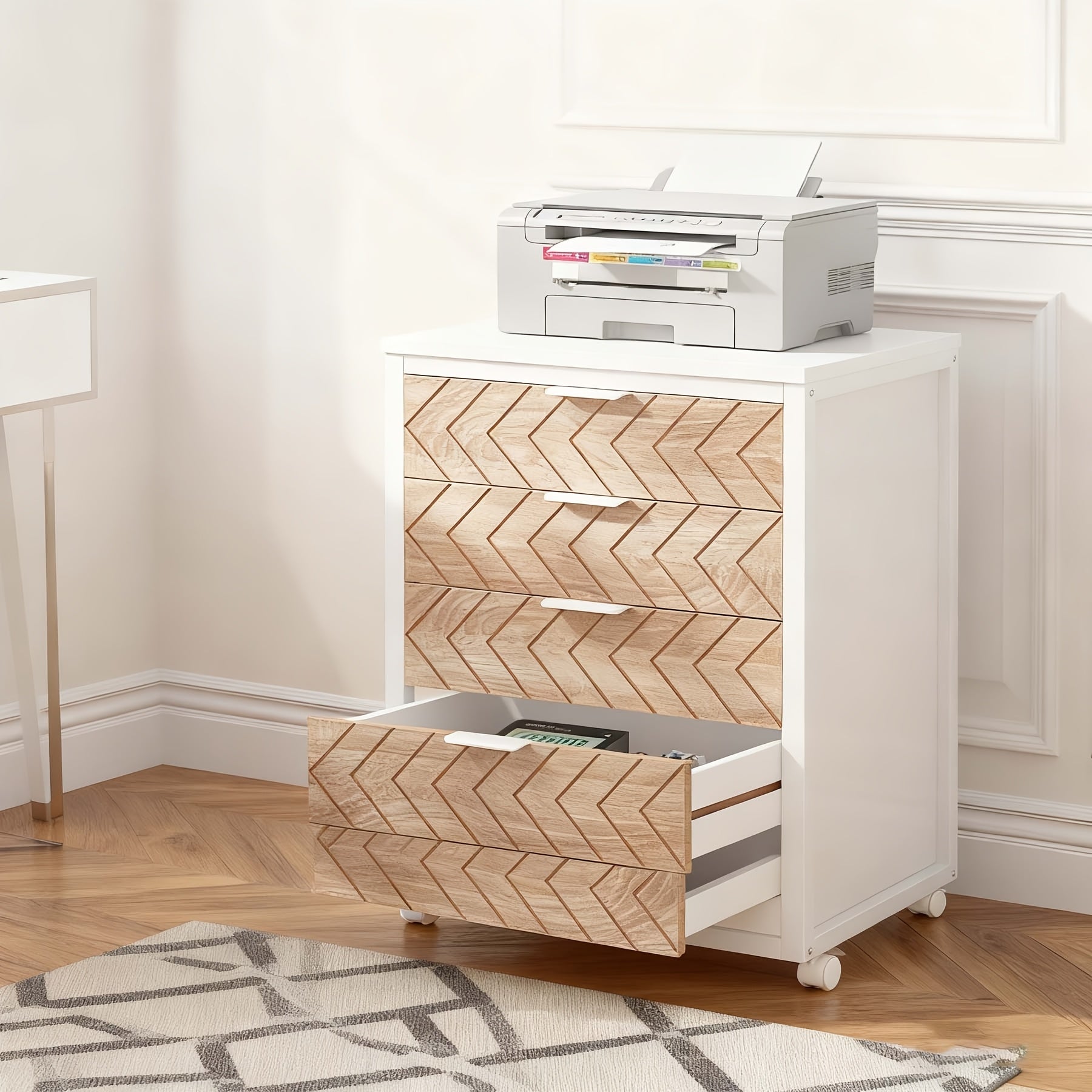 5-Drawer Beige & White Wood Mobile File Cabinet, Industrial Rolling Printer Stand with Herringbone Pattern for Home Office Storage, Durable Engineered Wood Design