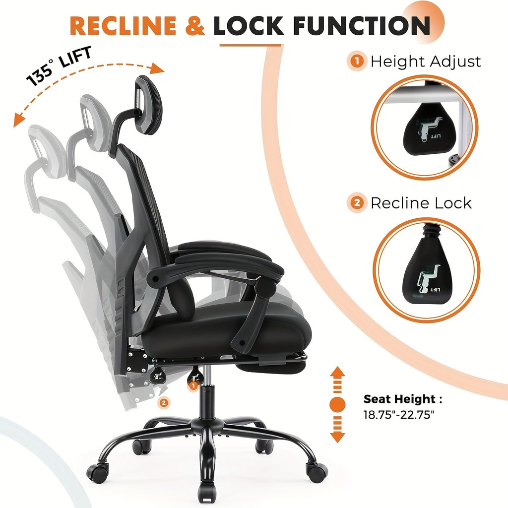 Ergonomic Office Chair - Adjustable Headrest & Backrest, Lumbar Support, Footrest - Comfortable For Home Office & Study