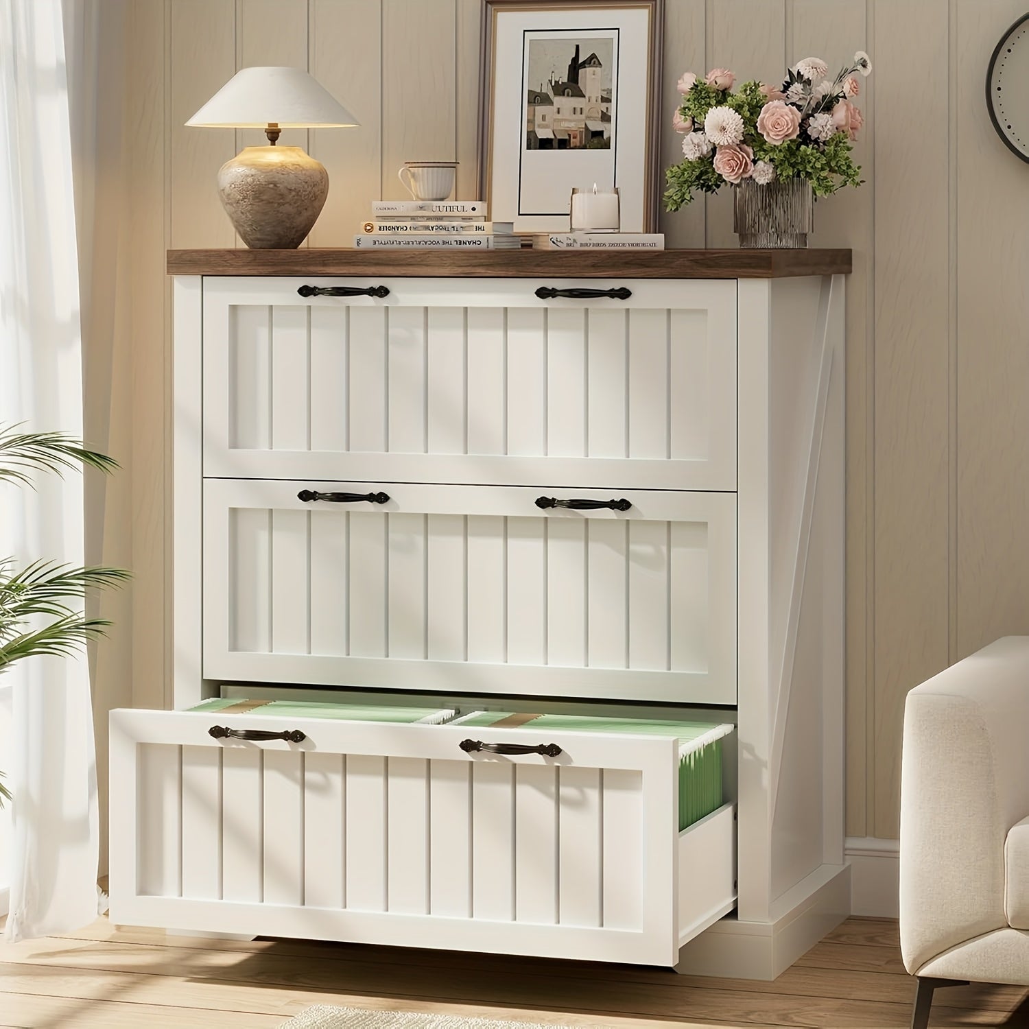 3 Drawer File Cabinet for Letter\u002FLegal\u002FA4 Size, Farmhouse Filing Cabinet, Lateral File Cabinet with Printer Stand for Home Office