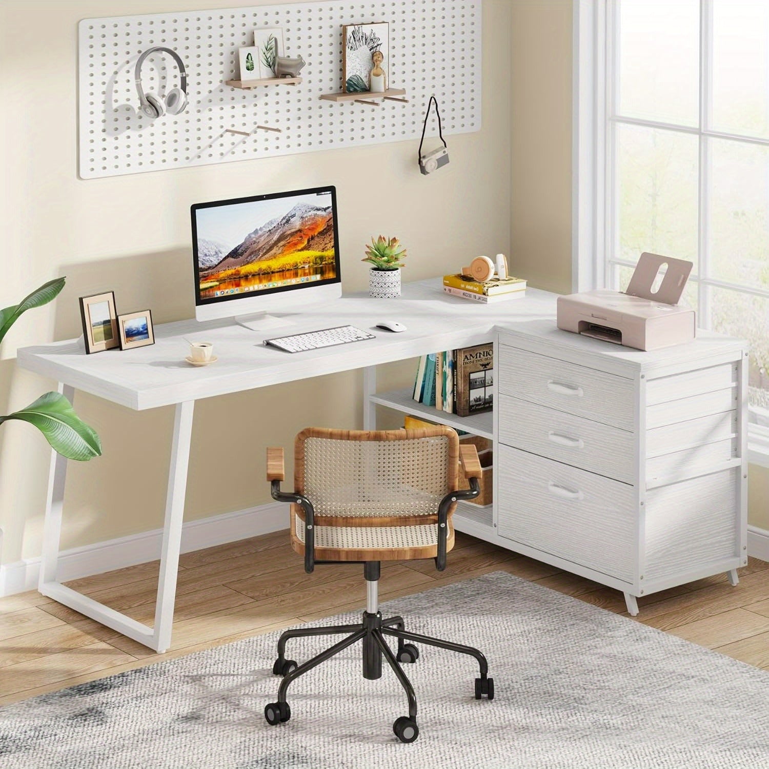 53-Inch L-Shaped Computer Desk with 3 Drawers & 2 Shelves, Reversible Corner Home Office Desk, Spacious Industrial Writing Table Workstation for Small Spaces, White, Sturdy Metal Frame & Particle Board, Desk Accessories Office