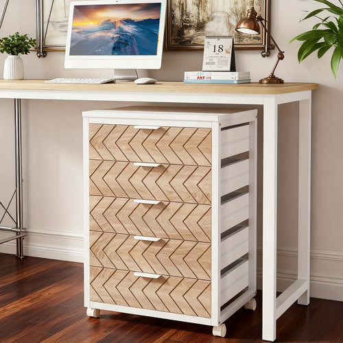 5-Drawer Beige & White Wood Mobile File Cabinet, Industrial Rolling Printer Stand with Herringbone Pattern for Home Office Storage, Durable Engineered Wood Design