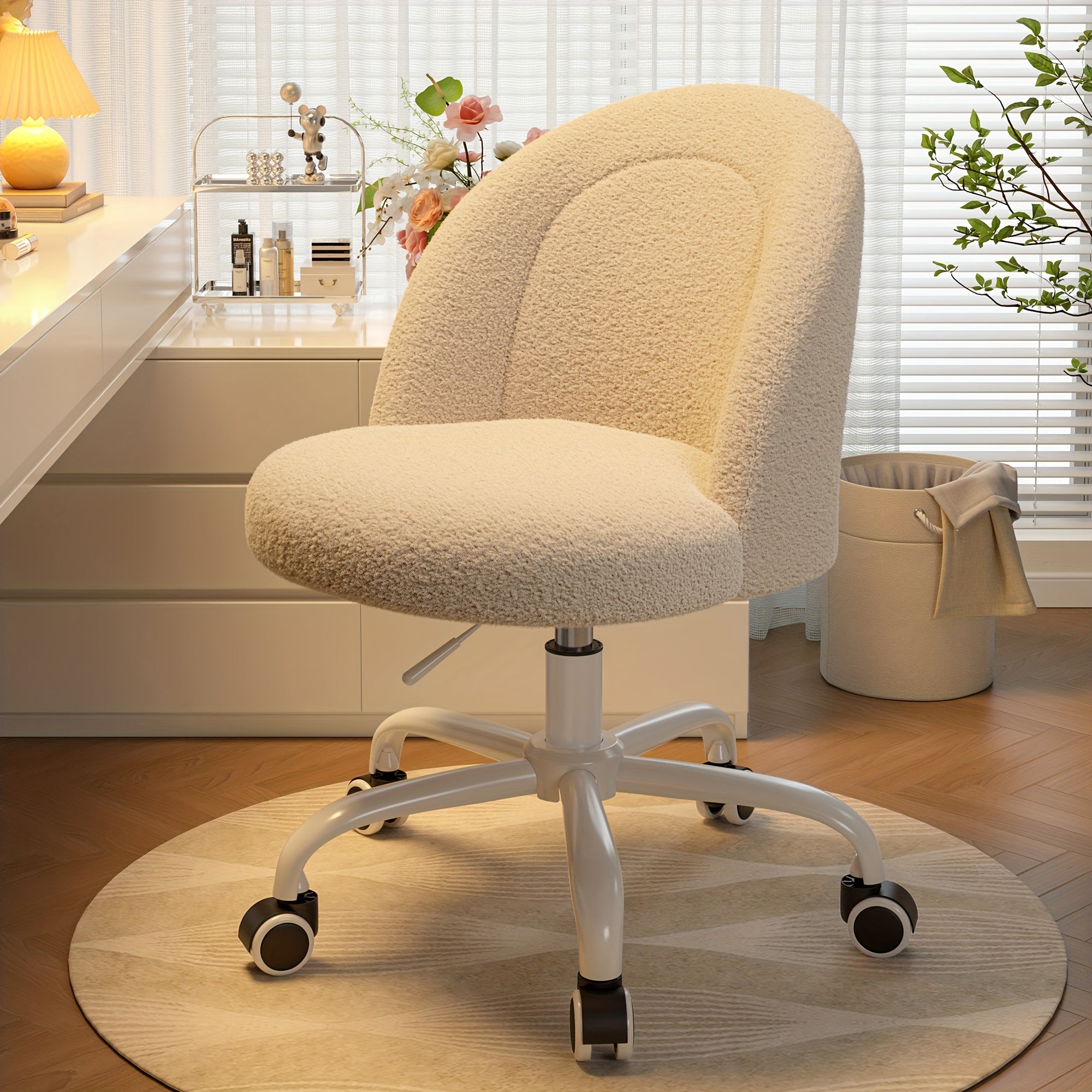 ENHOMEE Vanity Chair with Lumbar Support - Adjustable Swivel Armless Desk Chair, Teddy Fleece Cushion, Space-Saving Design for Home Office, Bedroom