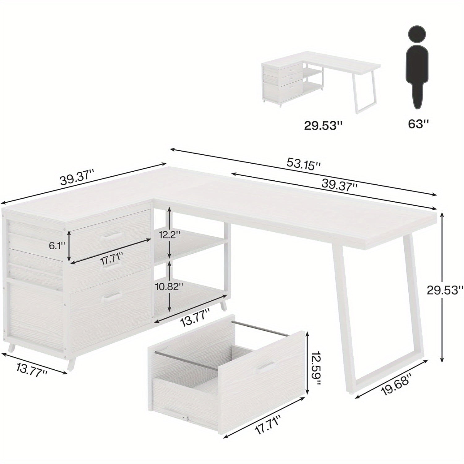 53-Inch L-Shaped Computer Desk with 3 Drawers & 2 Shelves, Reversible Corner Home Office Desk, Spacious Industrial Writing Table Workstation for Small Spaces, White, Sturdy Metal Frame & Particle Board, Desk Accessories Office