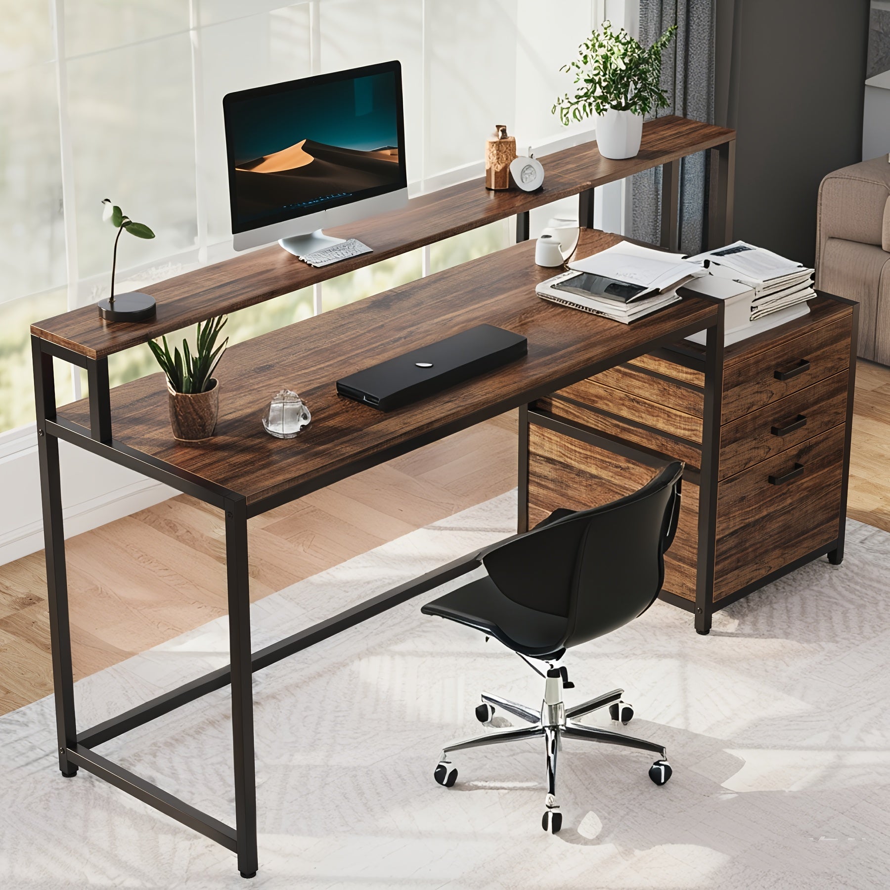 Computer Desk With Shelves And Drawers - 62.99 Inch Home Office Desk, Wooden Writing Desk With Monitor Stand