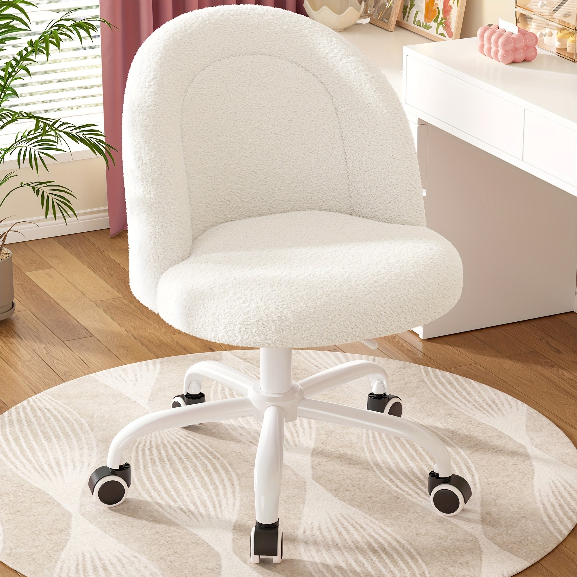 ENHOMEE Vanity Chair with Lumbar Support - Adjustable Swivel Armless Desk Chair, Teddy Fleece Cushion, Space-Saving Design for Home Office, Bedroom