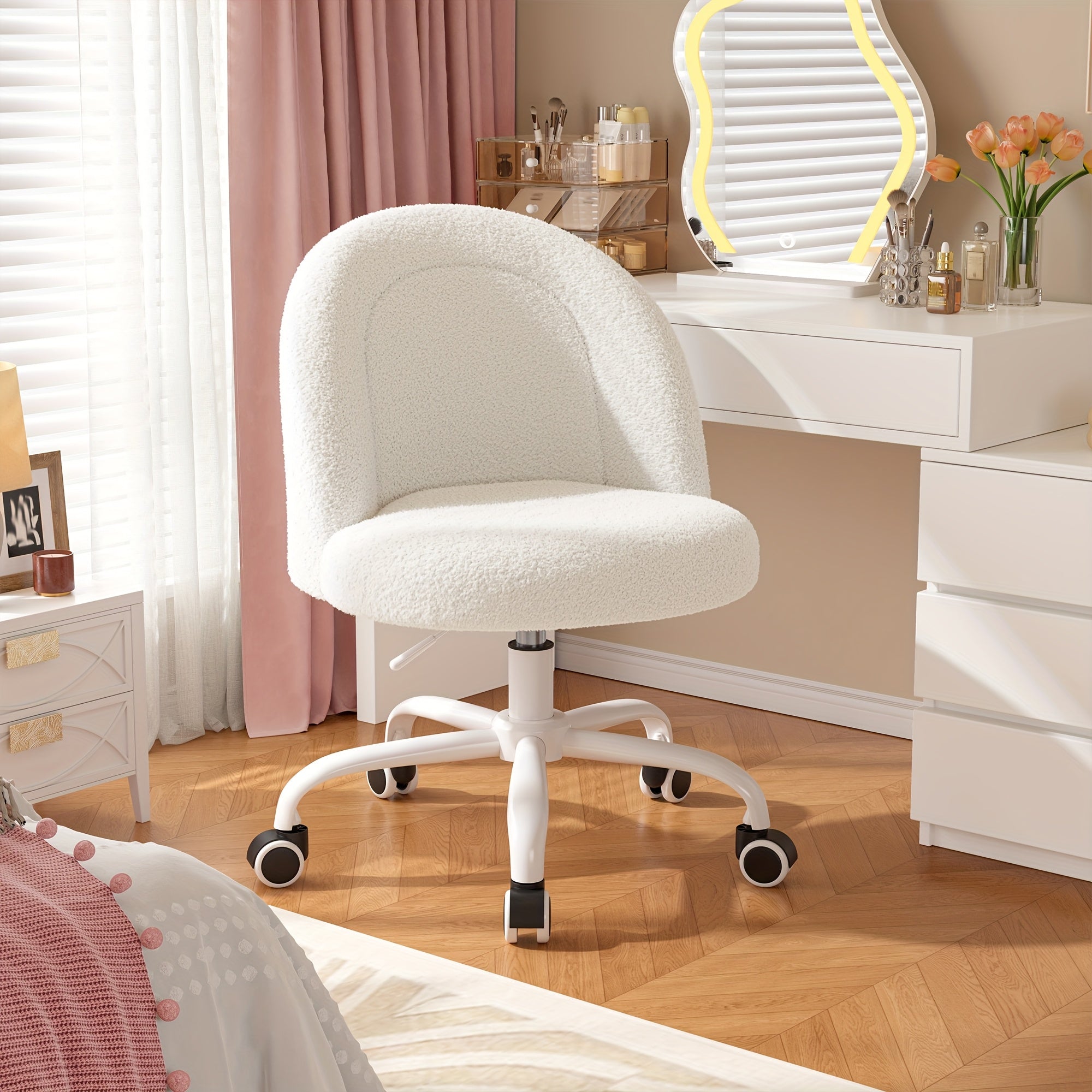 ENHOMEE Vanity Chair with Lumbar Support - Adjustable Swivel Armless Desk Chair, Teddy Fleece Cushion, Space-Saving Design for Home Office, Bedroom