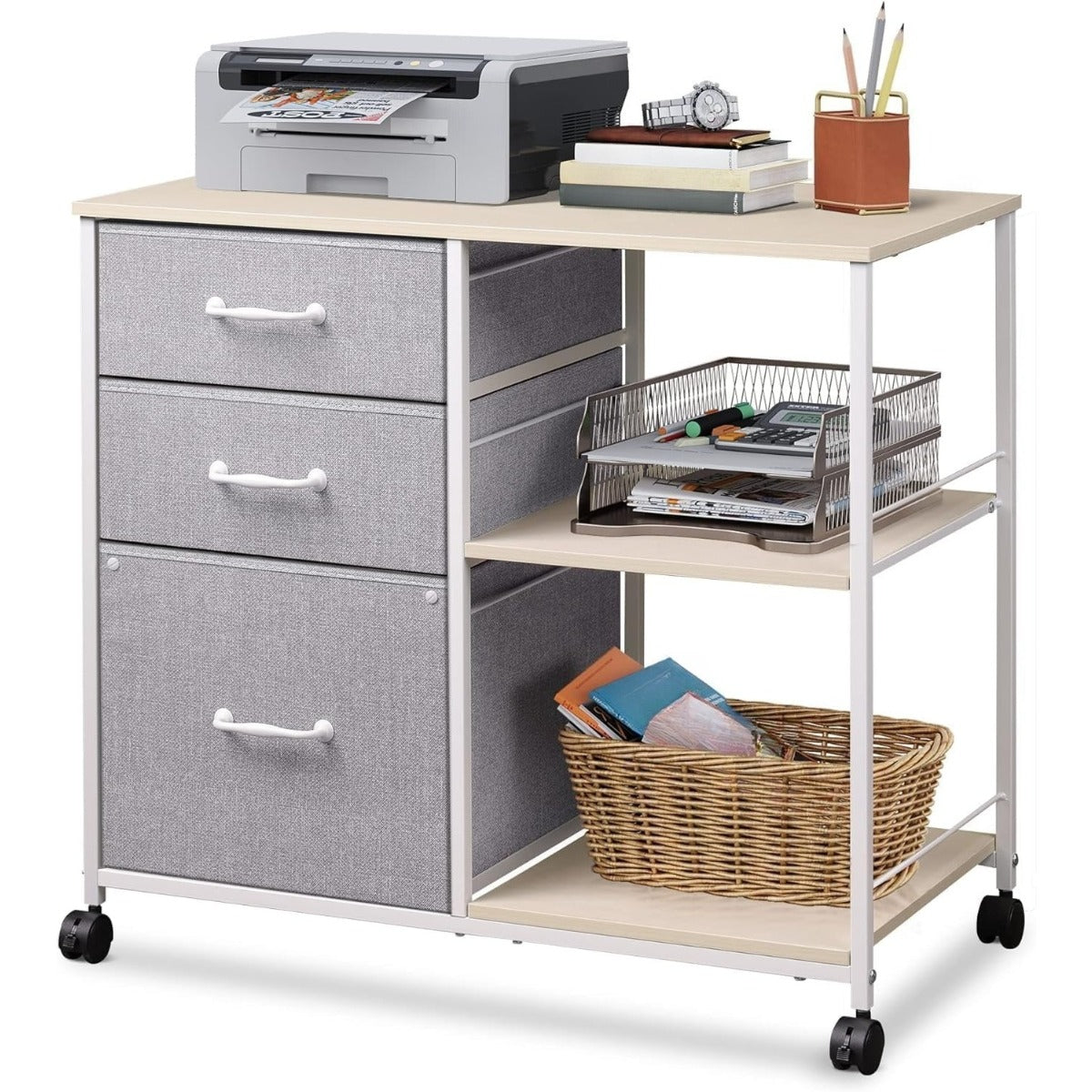 3 Drawer Mobile File Cabinet | Rolling Printer Stand with Open Storage Shelf, Fabric Lateral Filing Cabinet, Fits A4 or Letter Size, Espresso End, for Home Office