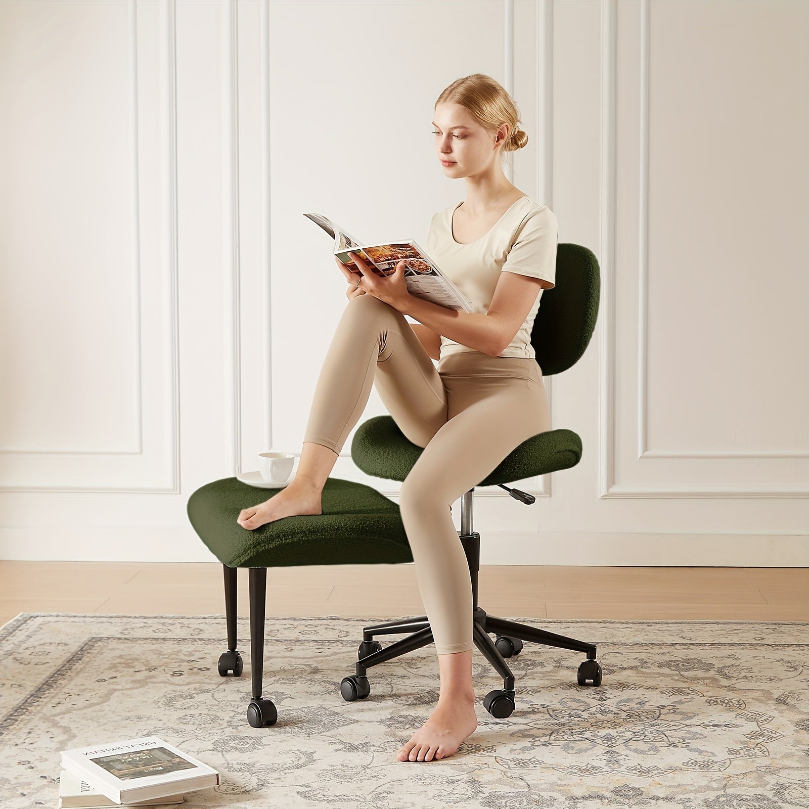 Pinmoco Cross Legged Office Chair with Wheels, ADHD Must Have, Meditation Chair, Wider And Height Adjustable Backrest And Seat, Yoga Office Chair, ADHD Chair for Adults, Improve Work Efficiency, Teddy Fabric, Oliver Green\u002FBlue\u002FBlack\u002FWhite