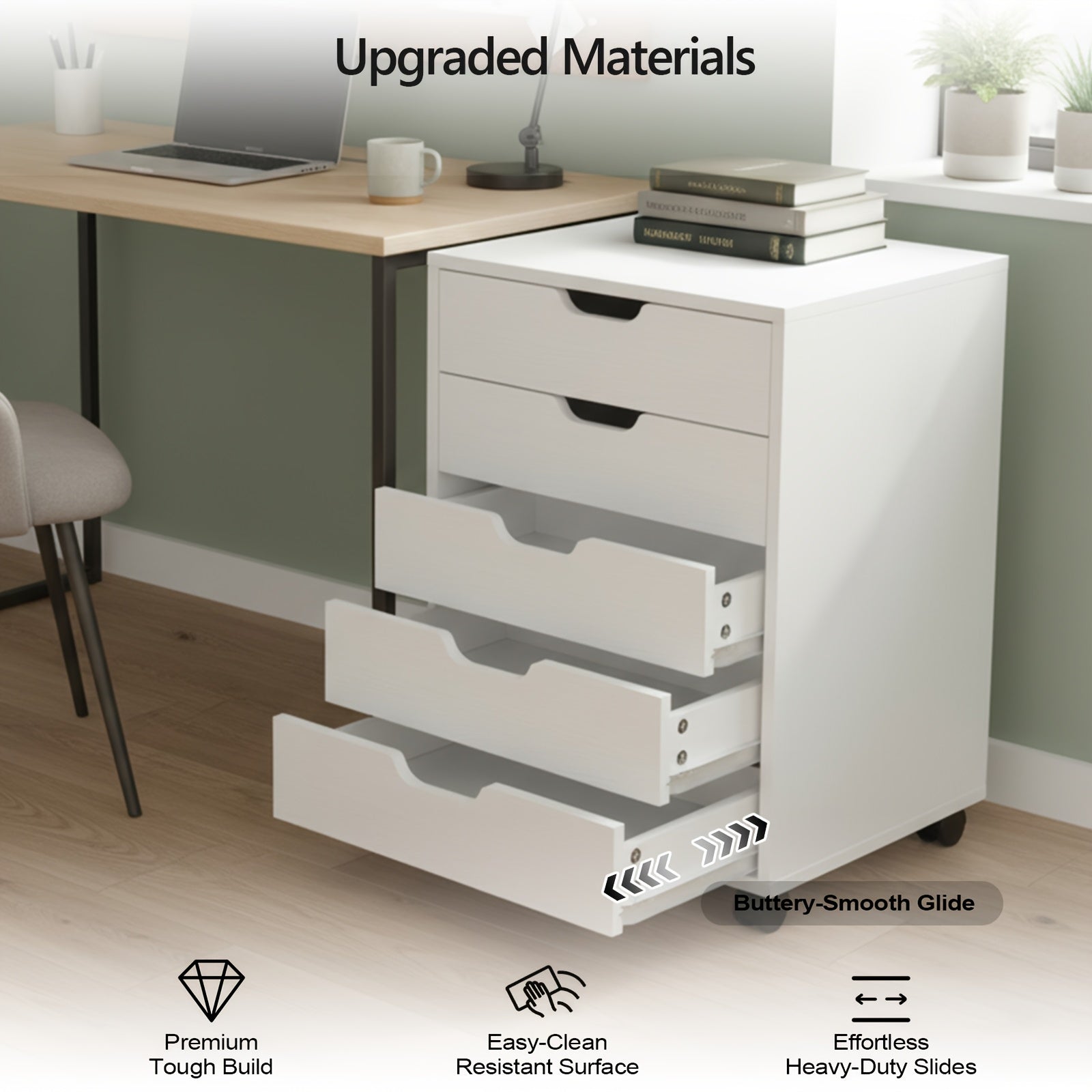 Bonnlo Wood Rolling File Cabinet with Wheels | Mobile Filing Chest with 5 Drawers, Under Desk Storage Organization Printer Stand for Home Office, Contemporary Style, Hardwood Material