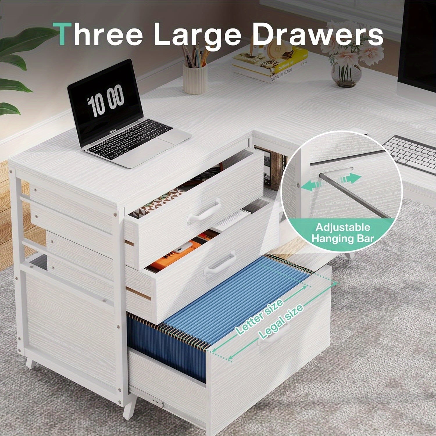 53-Inch L-Shaped Computer Desk with 3 Drawers & 2 Shelves, Reversible Corner Home Office Desk, Spacious Industrial Writing Table Workstation for Small Spaces, White, Sturdy Metal Frame & Particle Board, Desk Accessories Office