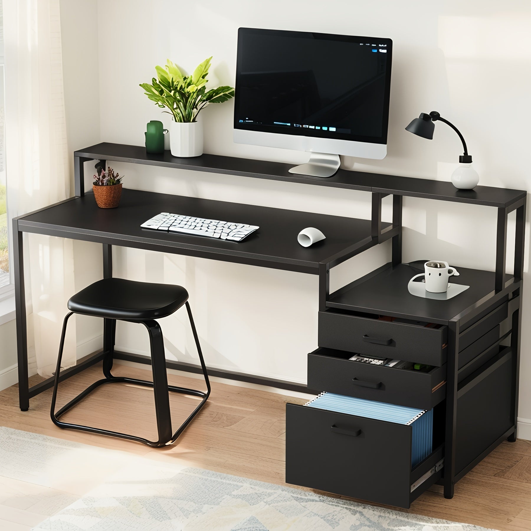 Computer Desk With Shelves And Drawers - 62.99 Inch Home Office Desk, Wooden Writing Desk With Monitor Stand