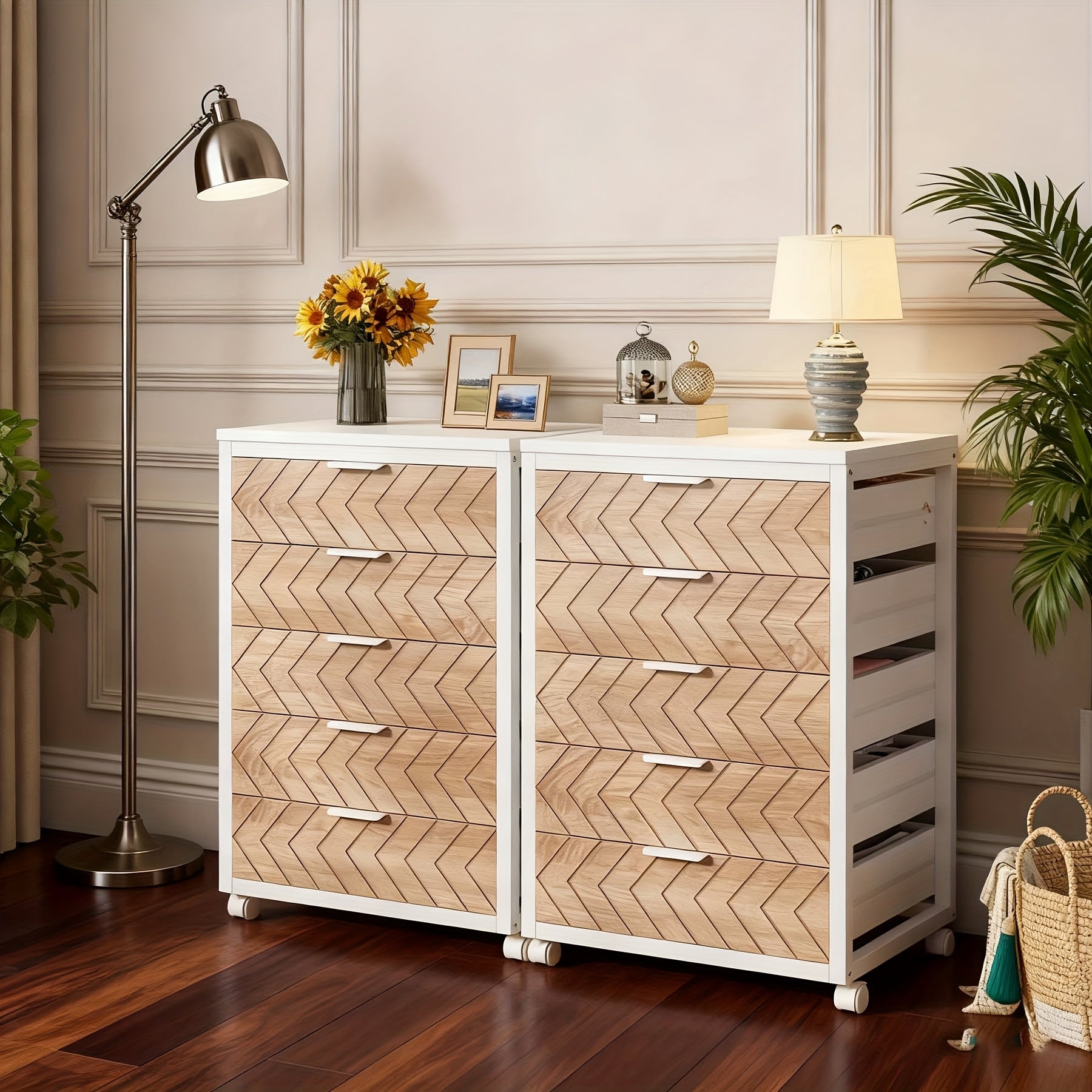 5-Drawer Beige & White Wood Mobile File Cabinet, Industrial Rolling Printer Stand with Herringbone Pattern for Home Office Storage, Durable Engineered Wood Design