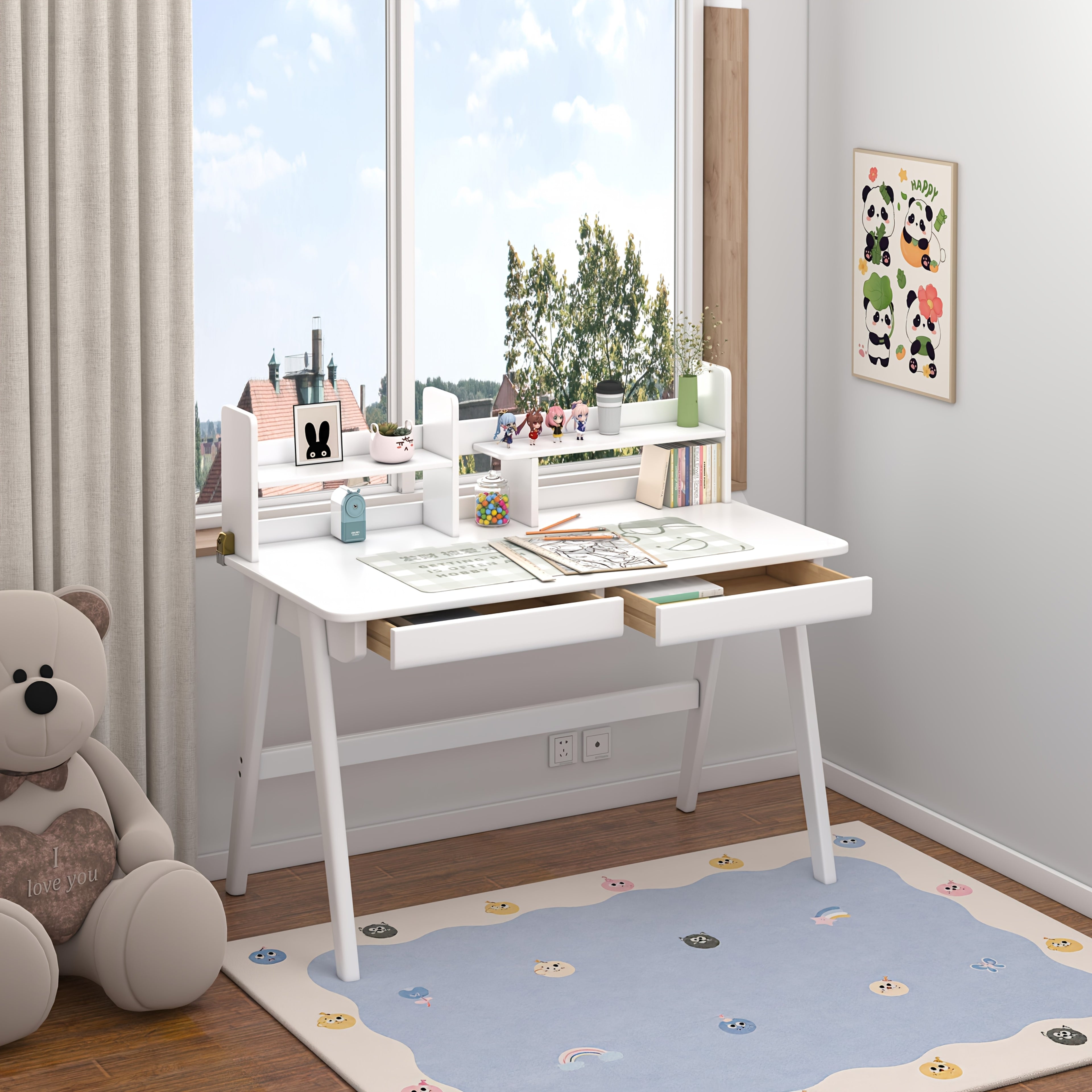 Newly Upgraded Solid Wood Desk And Cabinet Set. The Desk Features Built-in Storage Cabinets, Perfect for Teenagers, Office Workers, And More. Can Serve As A Study Desk, Computer Desk, Or Vanity Table. Available In 3 Color Options.