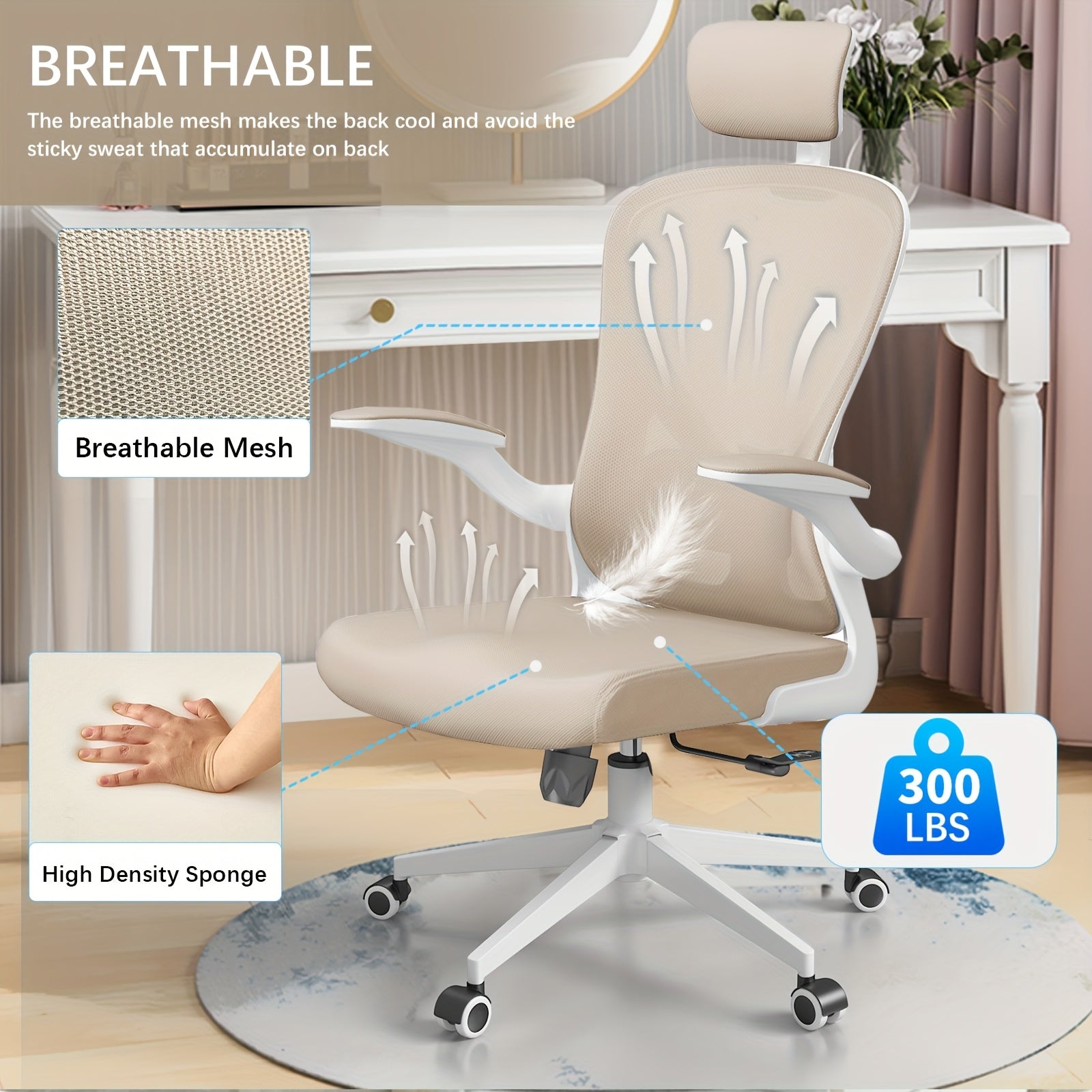 Ergonomic Office Chair Comfy Desk Chairs With Headrest And Lumbar Back Support, Heavy Duty Mesh Computer Chairs With Wheels And Arms For Home Office, Study, Bedroom And College Dorm