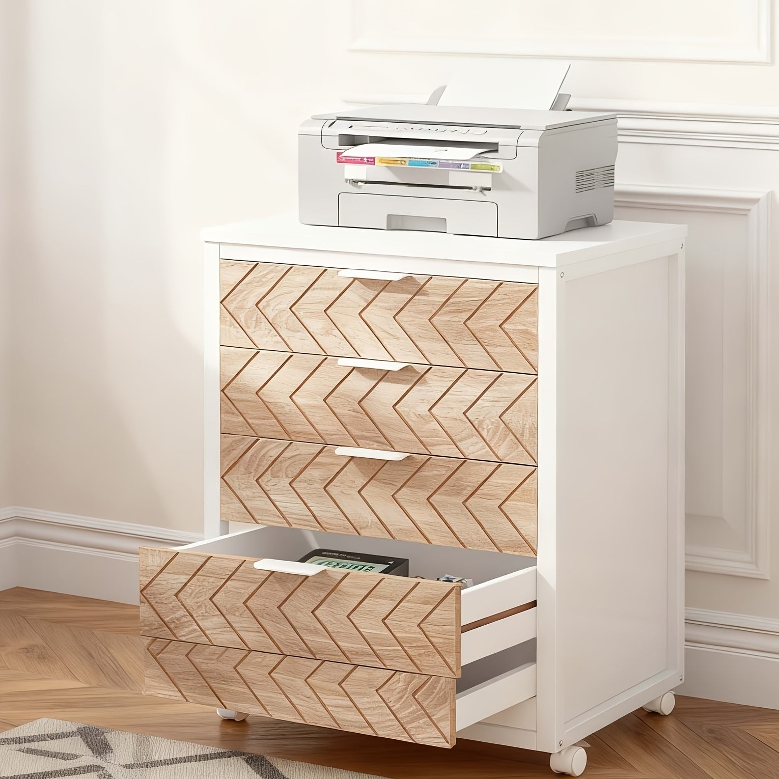 5-Drawer Beige & White Wood Mobile File Cabinet, Industrial Rolling Printer Stand with Herringbone Pattern for Home Office Storage, Durable Engineered Wood Design