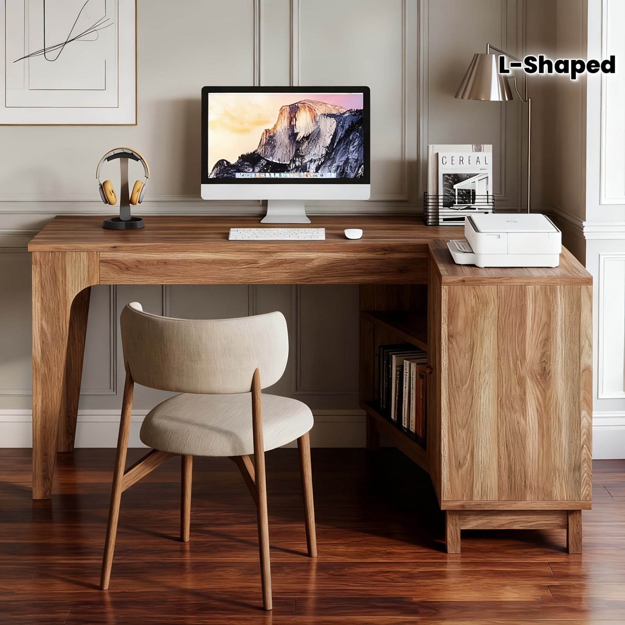57-Inch Wooden L-Shaped Desk in the Corner for Computers, Study Writing Table Featuring Storage Shelves, Workstation with Cabinet Suitable for Home Office, in Walnut End