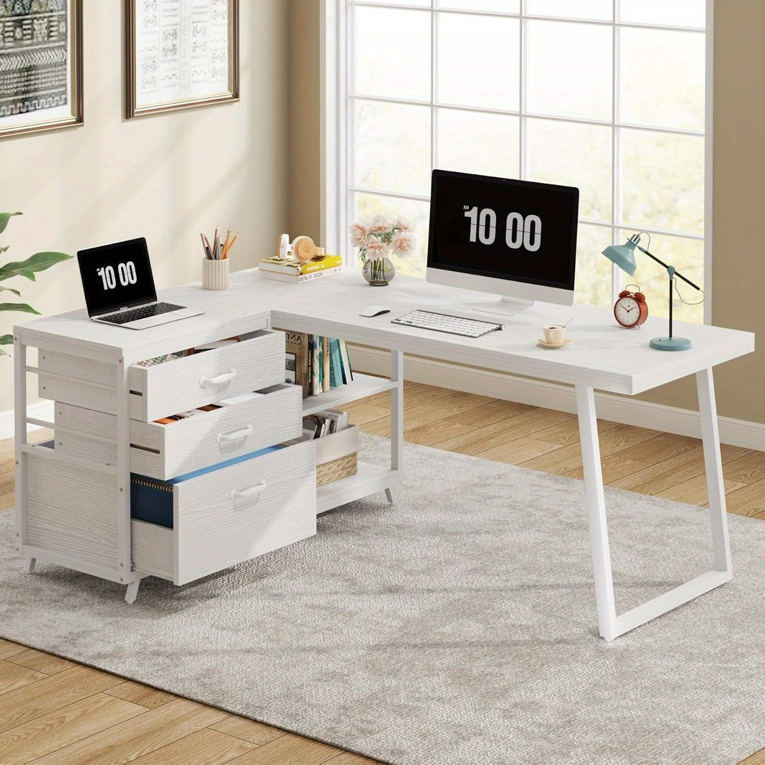53-Inch L-Shaped Computer Desk with 3 Drawers & 2 Shelves, Reversible Corner Home Office Desk, Spacious Industrial Writing Table Workstation for Small Spaces, White, Sturdy Metal Frame & Particle Board, Desk Accessories Office