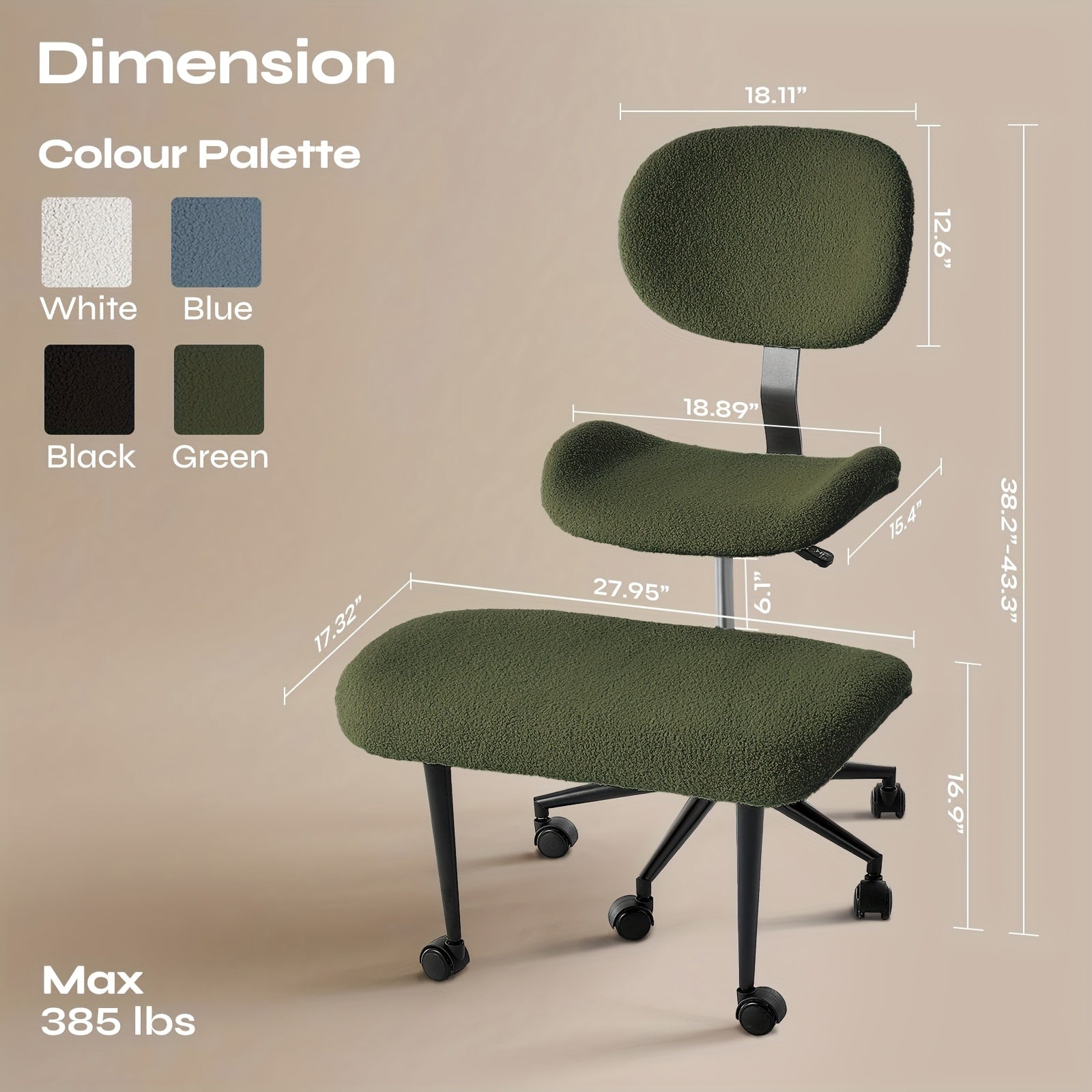 Pinmoco Cross Legged Office Chair with Wheels, ADHD Must Have, Meditation Chair, Wider And Height Adjustable Backrest And Seat, Yoga Office Chair, ADHD Chair for Adults, Improve Work Efficiency, Teddy Fabric, Oliver Green\u002FBlue\u002FBlack\u002FWhite