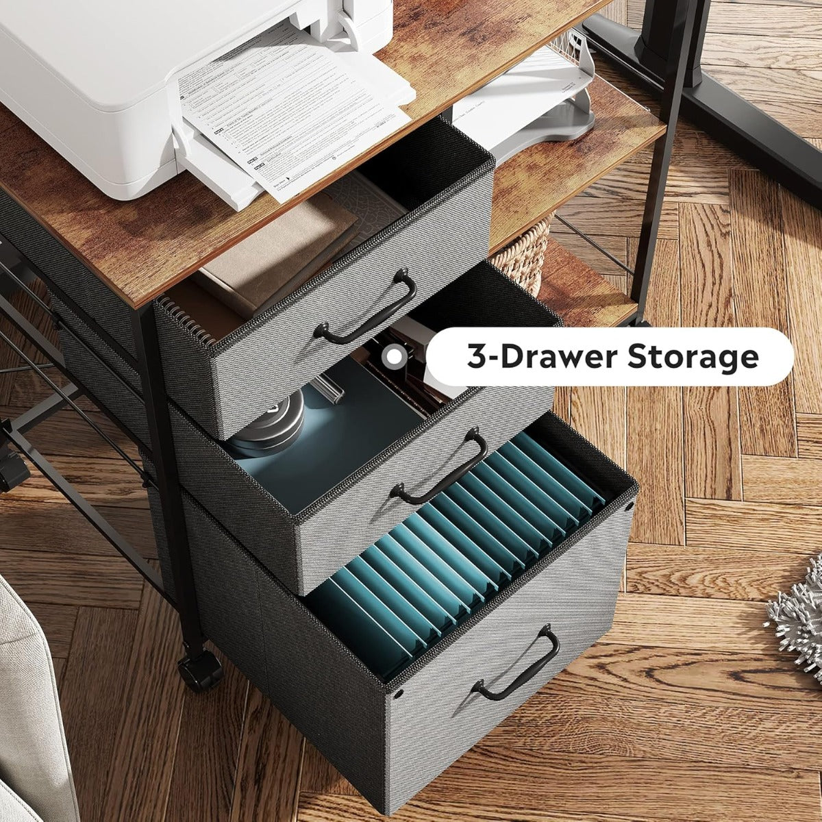 3 Drawer Mobile File Cabinet | Rolling Printer Stand with Open Storage Shelf, Fabric Lateral Filing Cabinet, Fits A4 or Letter Size, Espresso End, for Home Office