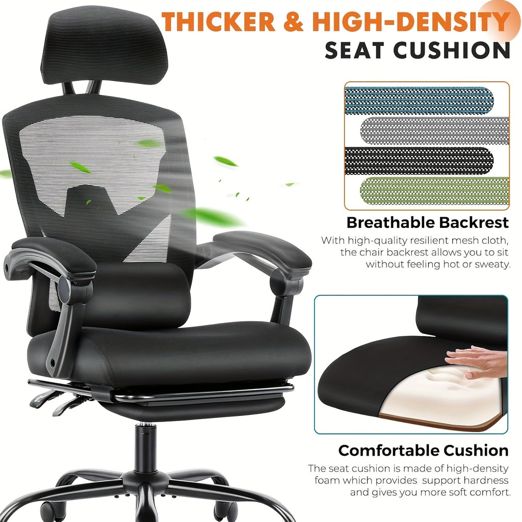 Ergonomic Office Chair - Adjustable Headrest & Backrest, Lumbar Support, Footrest - Comfortable For Home Office & Study