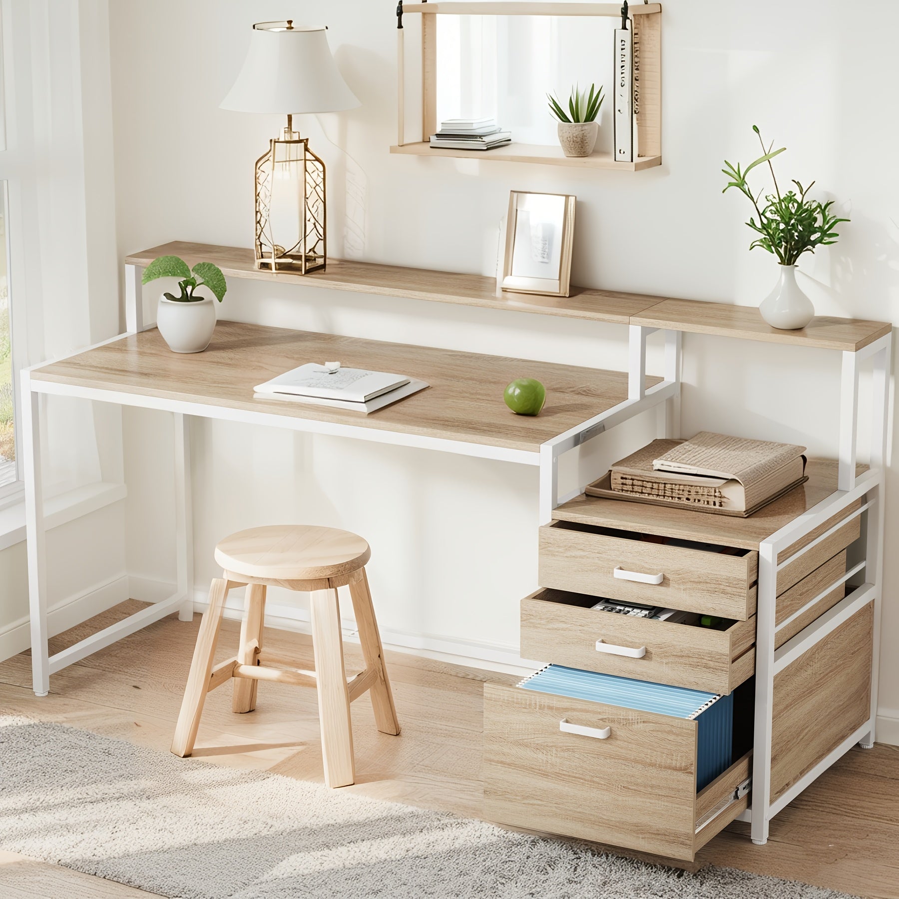 Computer Desk With Shelves And Drawers - 62.99 Inch Home Office Desk, Wooden Writing Desk With Monitor Stand