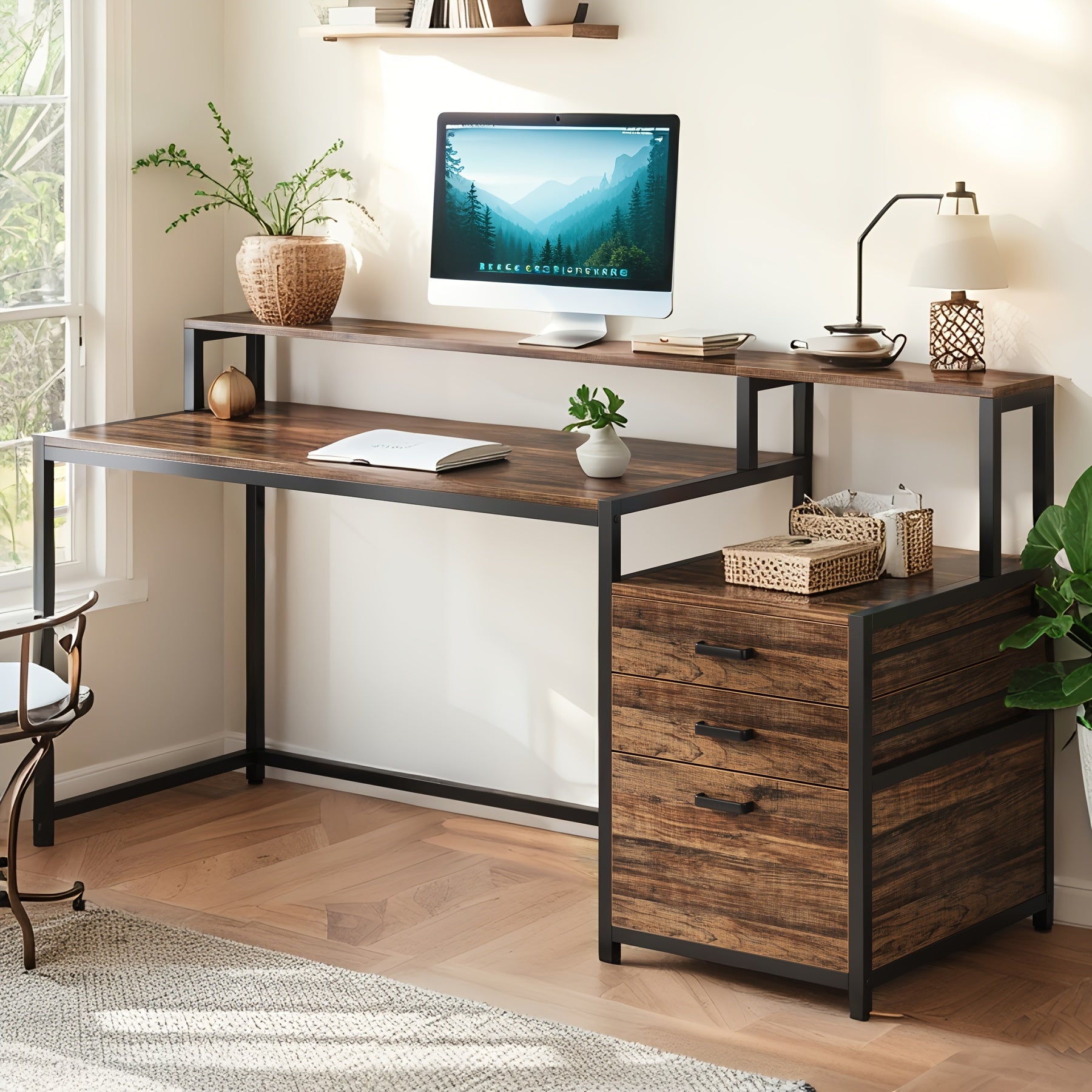 Computer Desk With Shelves And Drawers - 62.99 Inch Home Office Desk, Wooden Writing Desk With Monitor Stand