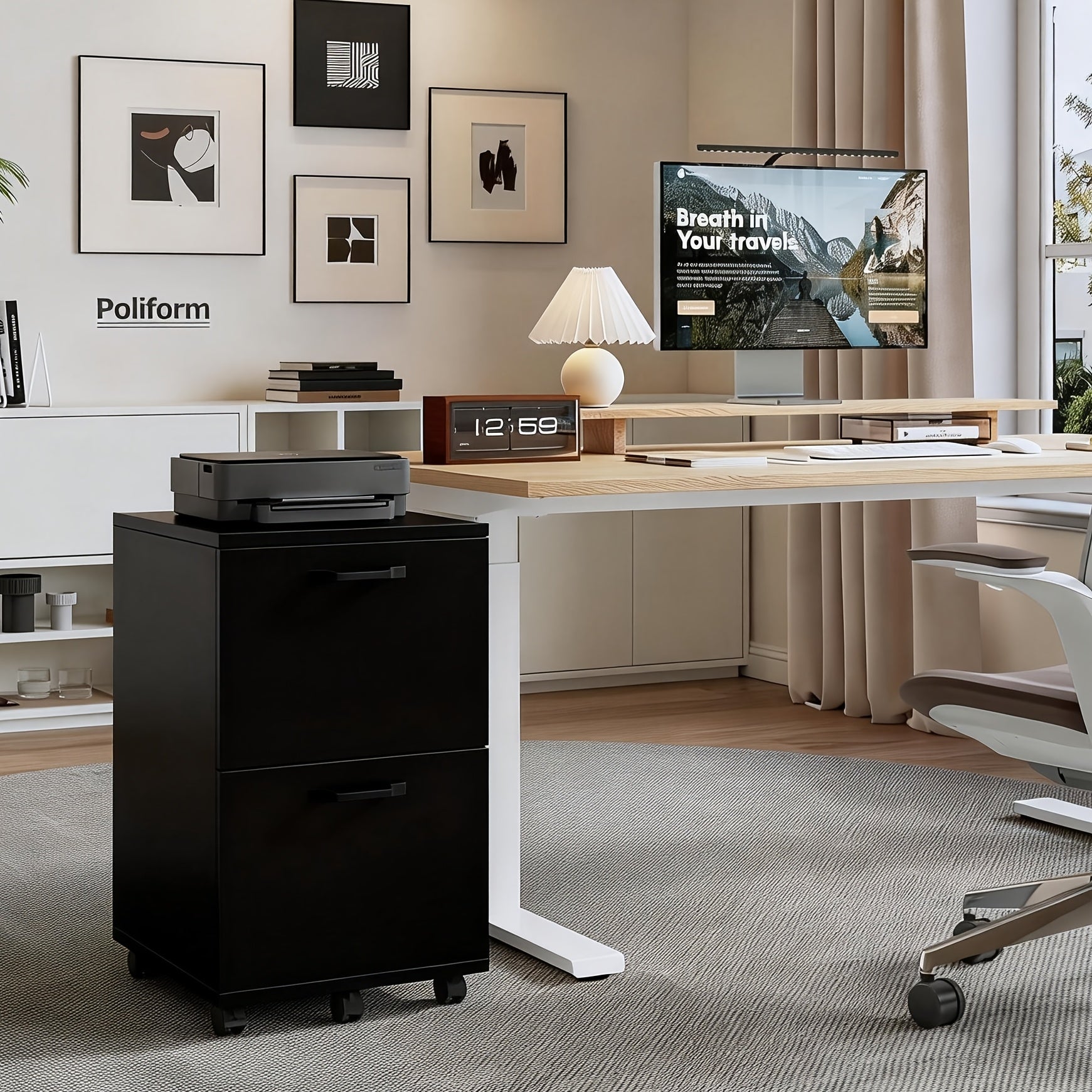 28Inch 2-Drawer Rolling File Cabinet with Lockable Wheels - Mobile Wooden Printer Stand & Under Desk Storage Organizer for A4, Letter, And Legal Size Documents, White Black