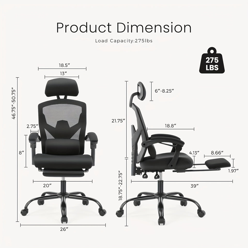 Ergonomic Office Chair - Adjustable Headrest & Backrest, Lumbar Support, Footrest - Comfortable For Home Office & Study