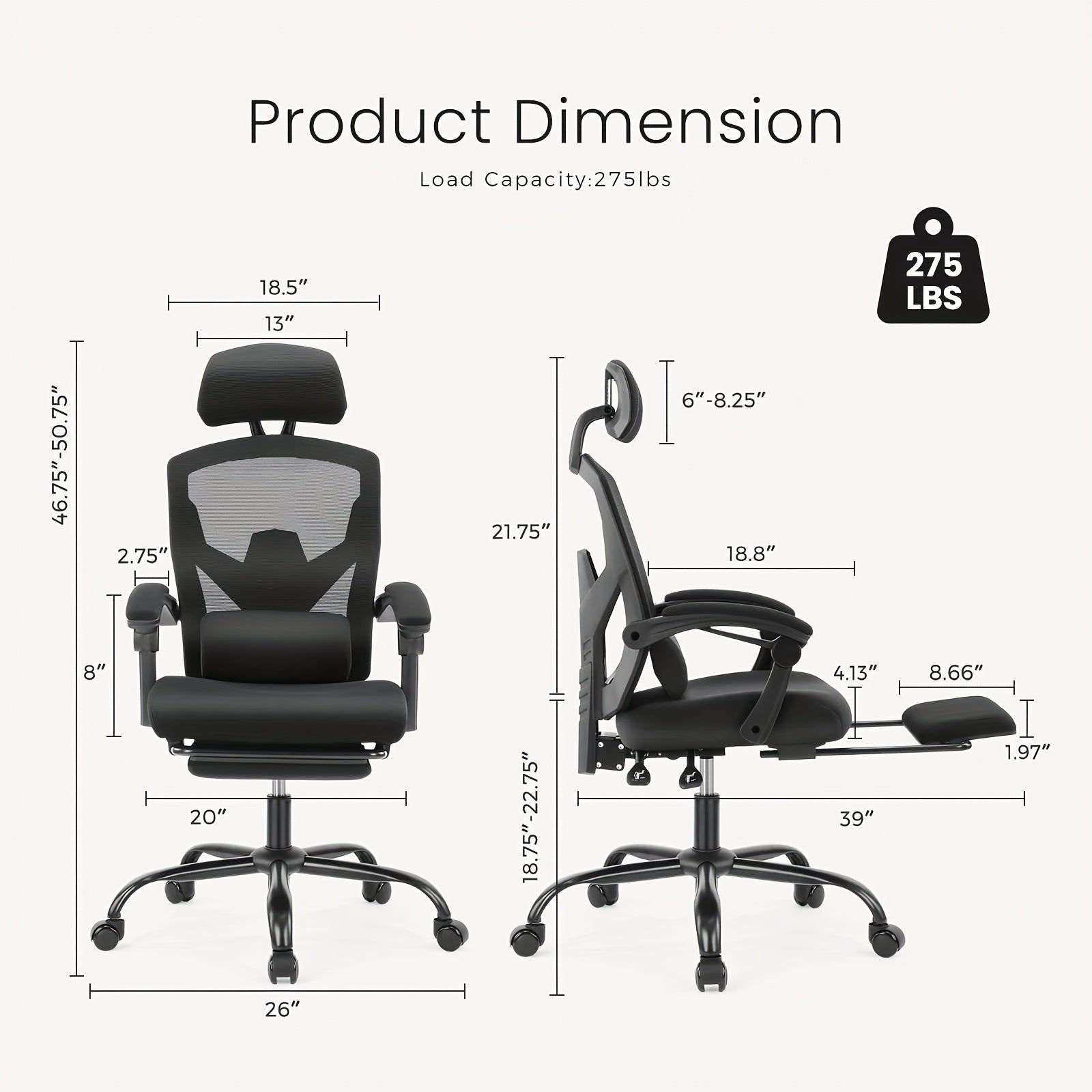Ergonomic Office Chair - Adjustable Headrest & Backrest, Lumbar Support, Footrest - Comfortable For Home Office & Study