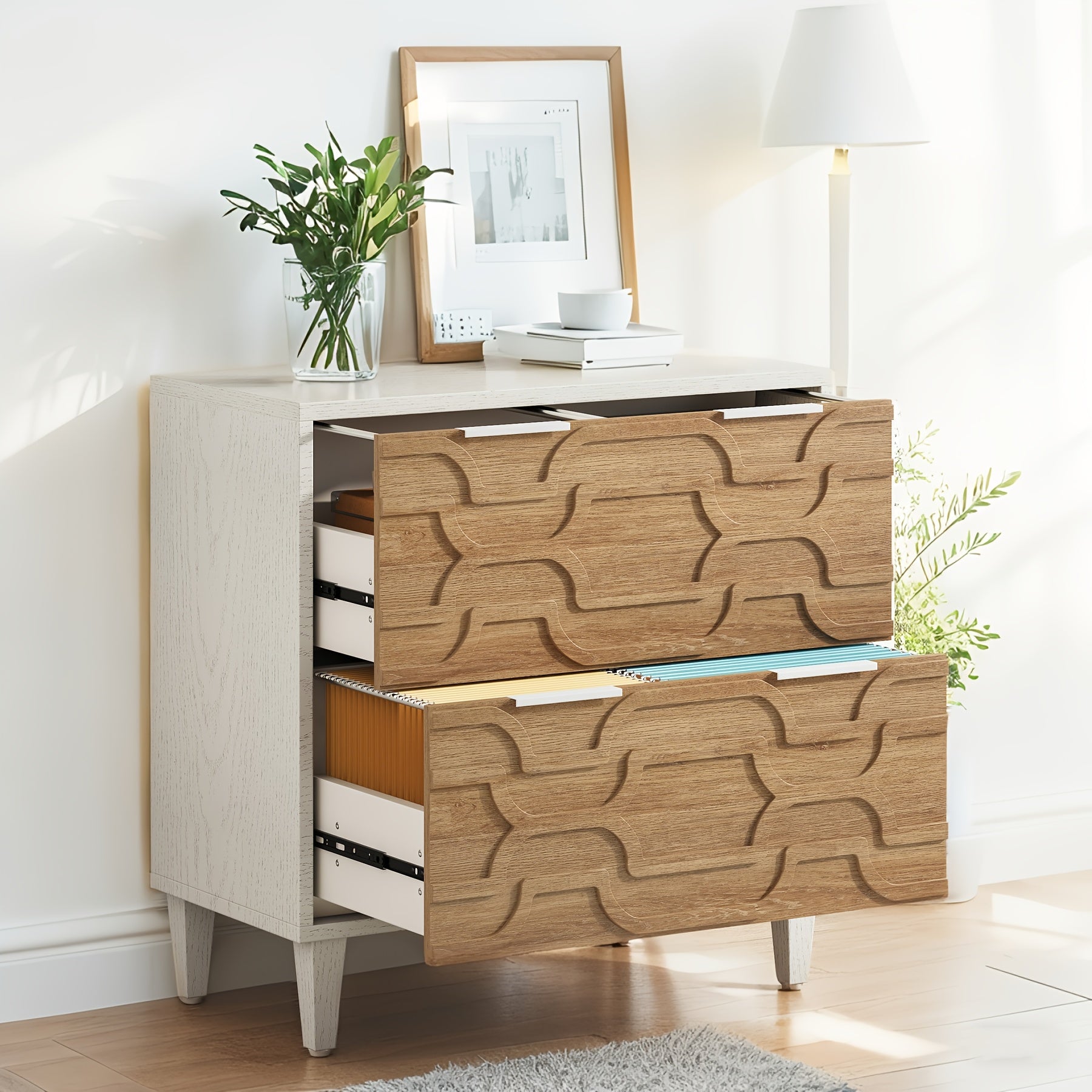 2 Drawer Wide Lateral File Cabinet, Wooden Filing Cabinet, Suitable for Home Office School Hanging Files Letter\u002FLegal\u002FF4\u002FA4 Size, Required-Assembly