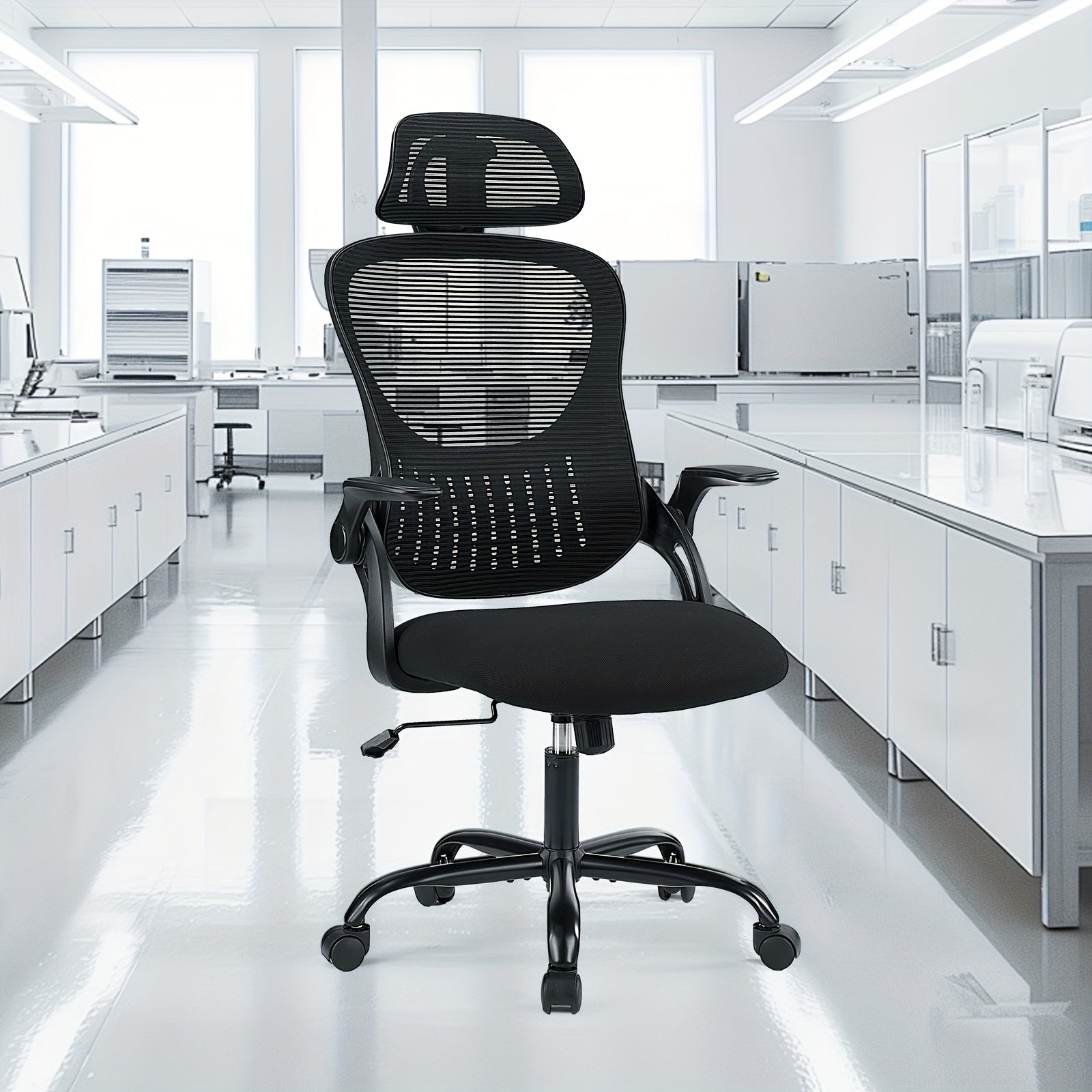 Ergonomic High Back Mesh Chair with Adjustable Headrest, Flip-up Armrests And Lumbar Support-Stainless Steel Frame, Comfortable Padded Seat On 5 Wheels for Easy Mobility-Ideal for Lab Workers