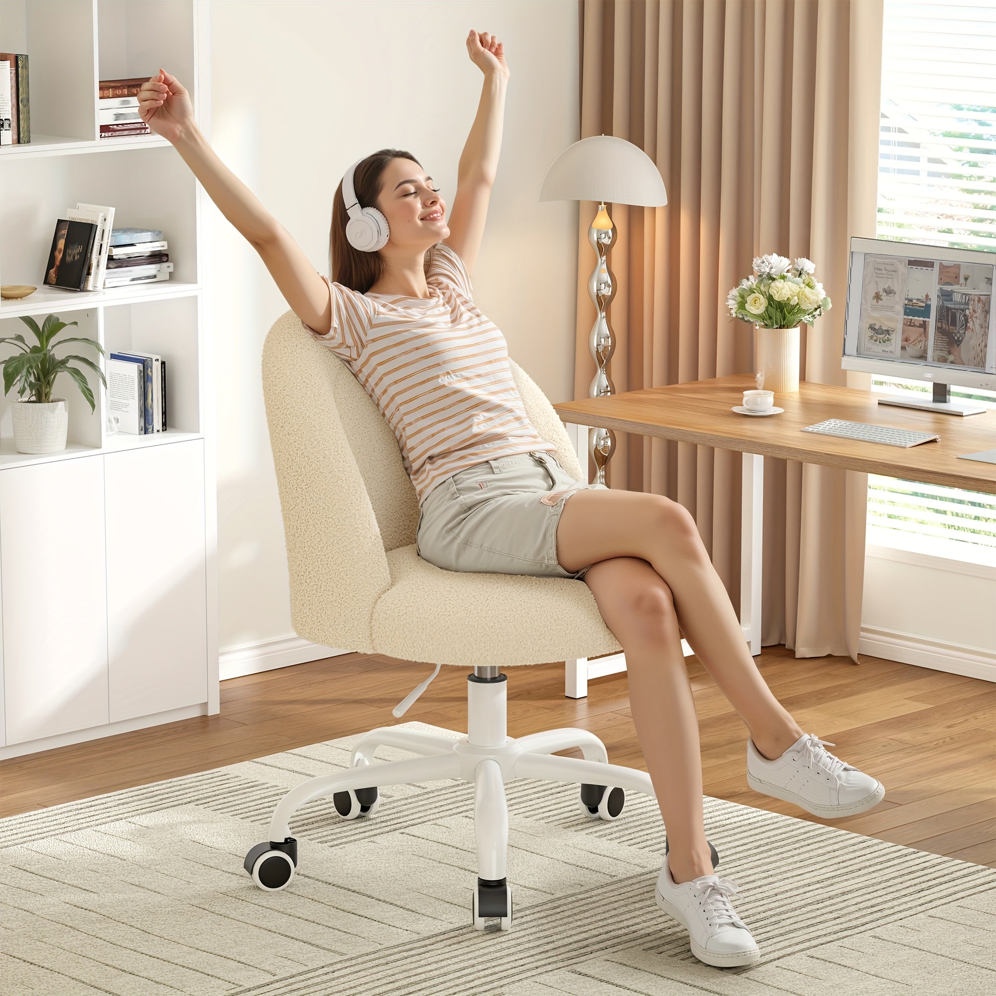 ENHOMEE Vanity Chair with Lumbar Support - Adjustable Swivel Armless Desk Chair, Teddy Fleece Cushion, Space-Saving Design for Home Office, Bedroom