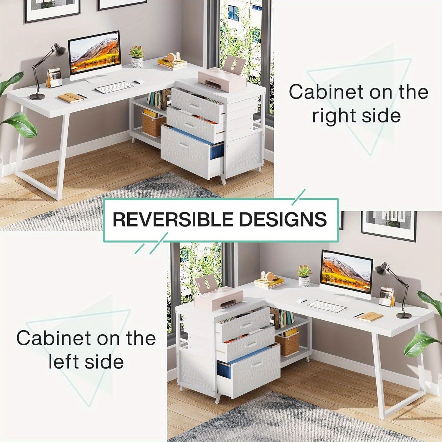 53-Inch L-Shaped Computer Desk with 3 Drawers & 2 Shelves, Reversible Corner Home Office Desk, Spacious Industrial Writing Table Workstation for Small Spaces, White, Sturdy Metal Frame & Particle Board, Desk Accessories Office