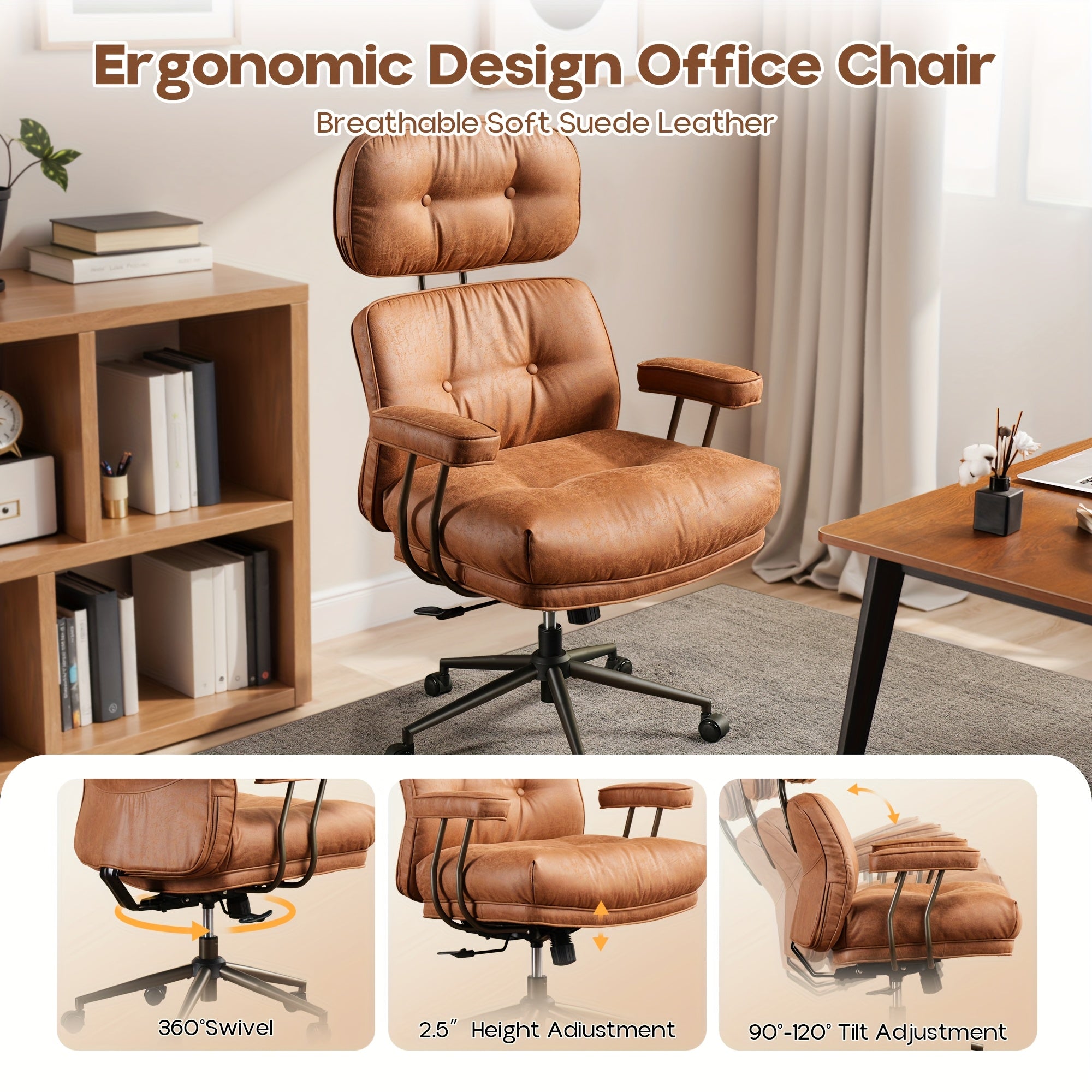 Modern Adjustable Executive Office Chair, High Back Faux Leather |Suede Fabric Desk Chair with Padded Armrests, Lumbar Support & Ergonomic Design for Home Or Office Use, Executive Desk Chair | Modern Office Furniture | Luxury Executive Chair