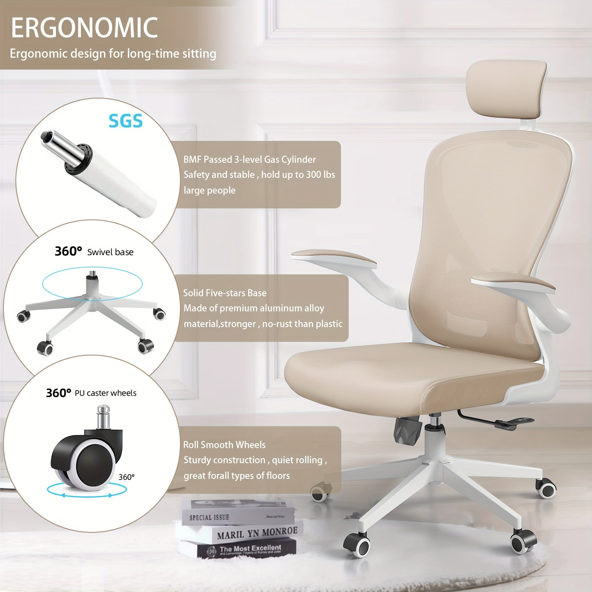 Ergonomic Office Chair Comfy Desk Chairs With Headrest And Lumbar Back Support, Heavy Duty Mesh Computer Chairs With Wheels And Arms For Home Office, Study, Bedroom And College Dorm