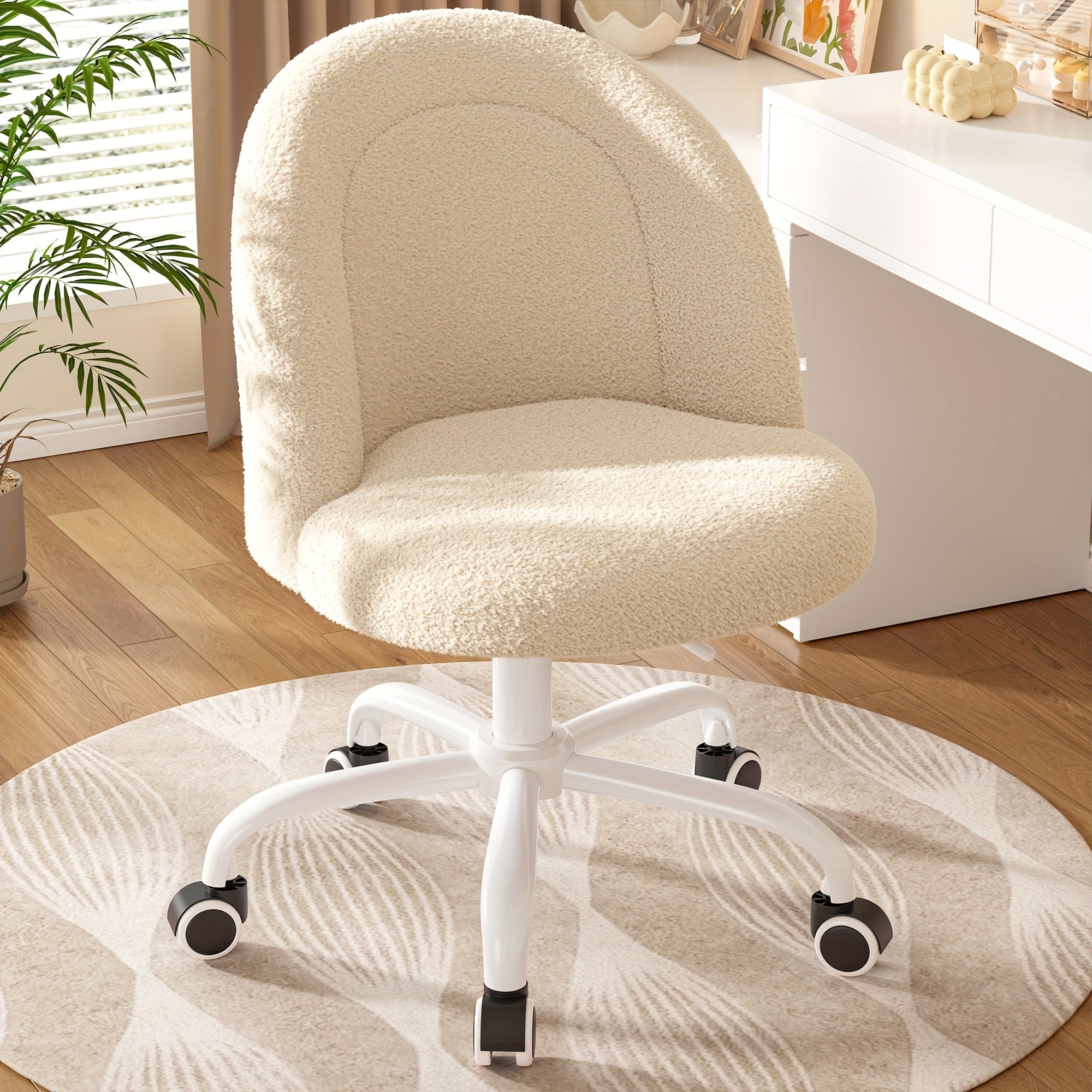 ENHOMEE Vanity Chair with Lumbar Support - Adjustable Swivel Armless Desk Chair, Teddy Fleece Cushion, Space-Saving Design for Home Office, Bedroom