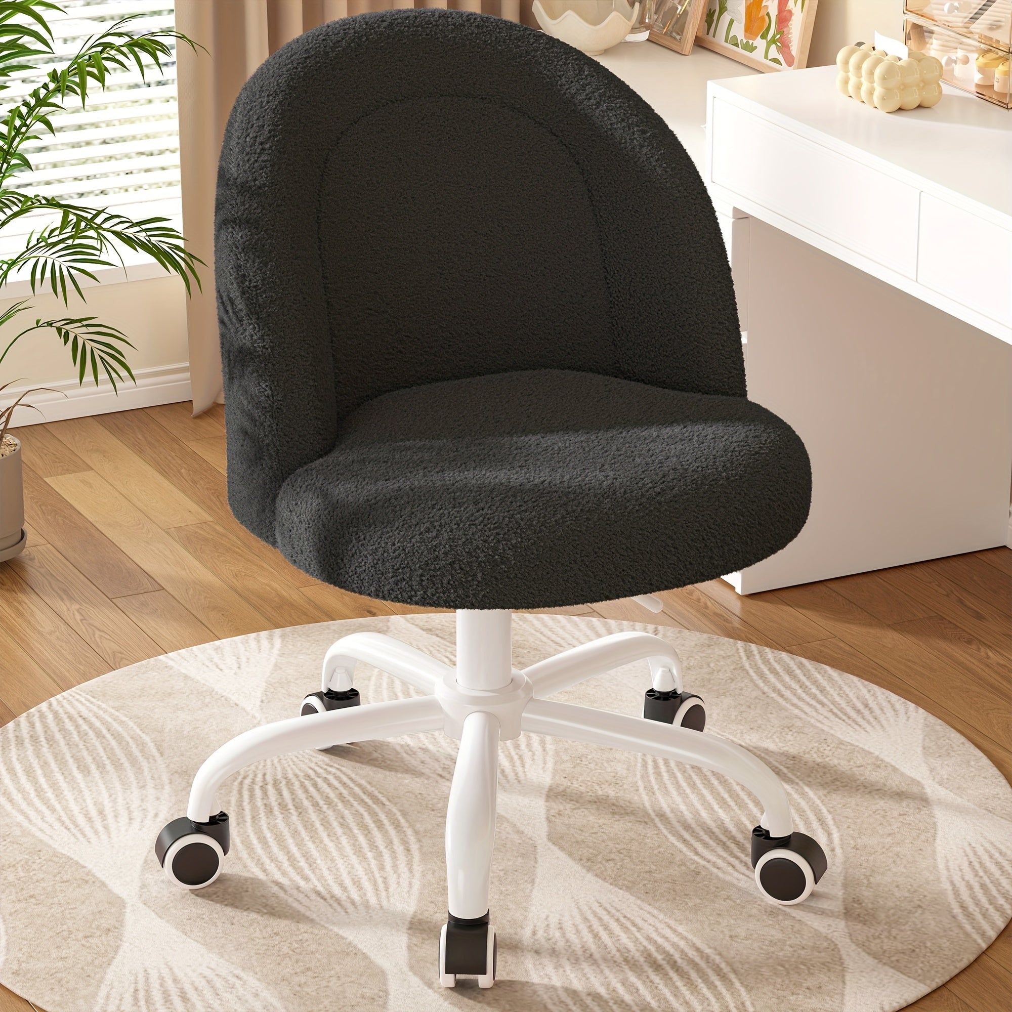 ENHOMEE Vanity Chair with Lumbar Support - Adjustable Swivel Armless Desk Chair, Teddy Fleece Cushion, Space-Saving Design for Home Office, Bedroom