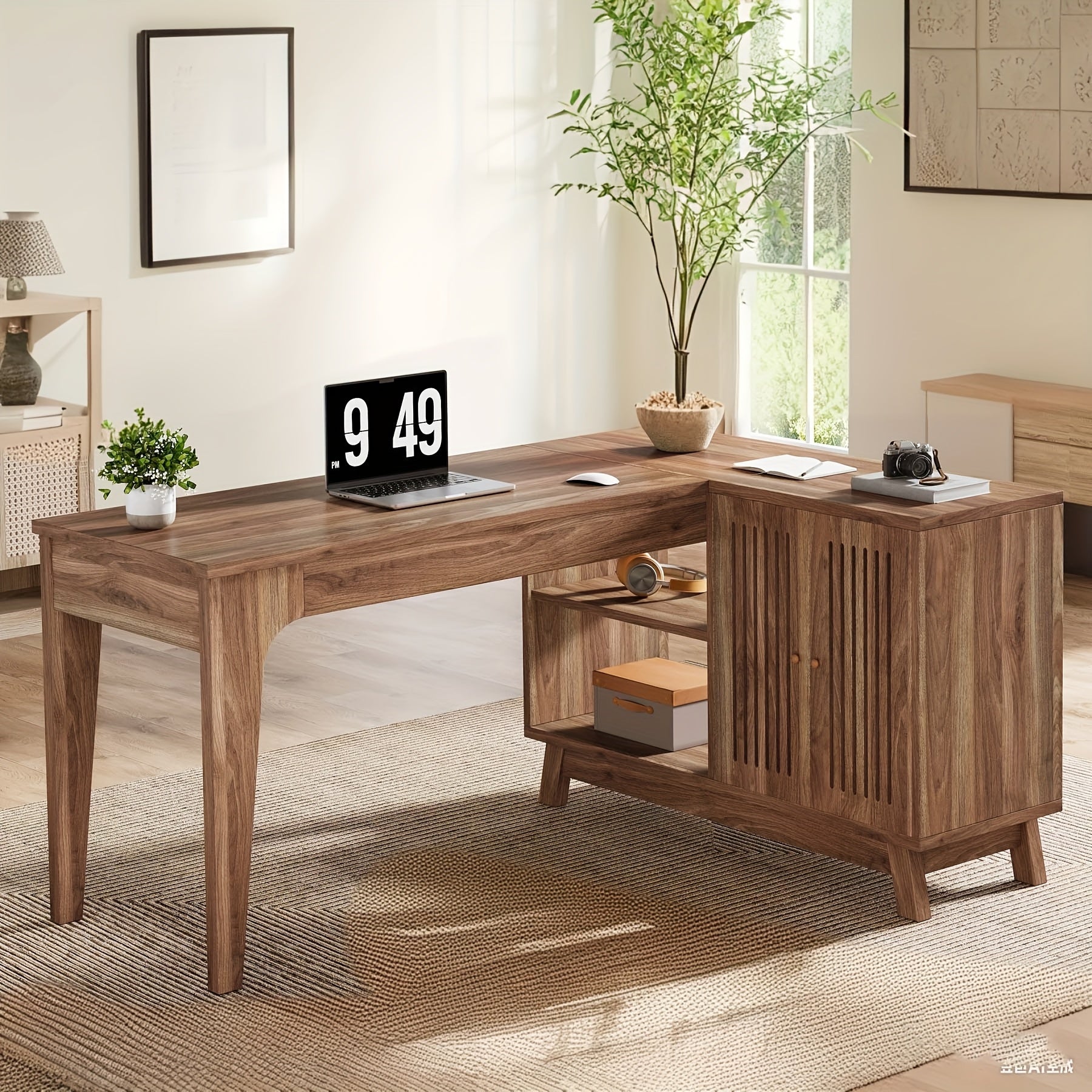 57-Inch Wooden L-Shaped Desk in the Corner for Computers, Study Writing Table Featuring Storage Shelves, Workstation with Cabinet Suitable for Home Office, in Walnut End