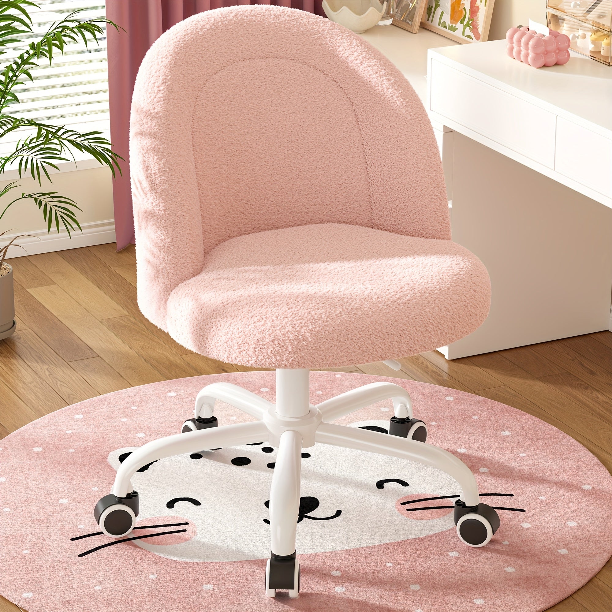 ENHOMEE Vanity Chair with Lumbar Support - Adjustable Swivel Armless Desk Chair, Teddy Fleece Cushion, Space-Saving Design for Home Office, Bedroom