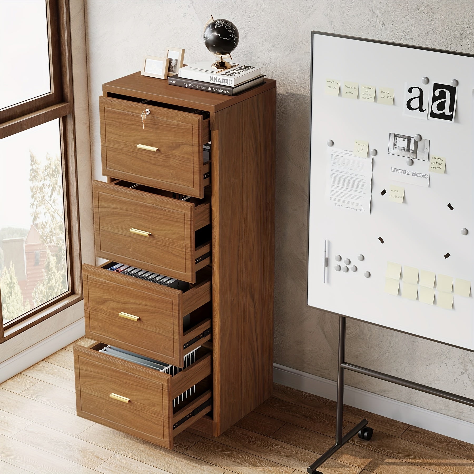 Brown Wooden File Cabinet with Lock, Secure Filing Cabinet with Key, Vertical Storage for Home Office, Accommodates Legal Size, Letter, And A4 Files