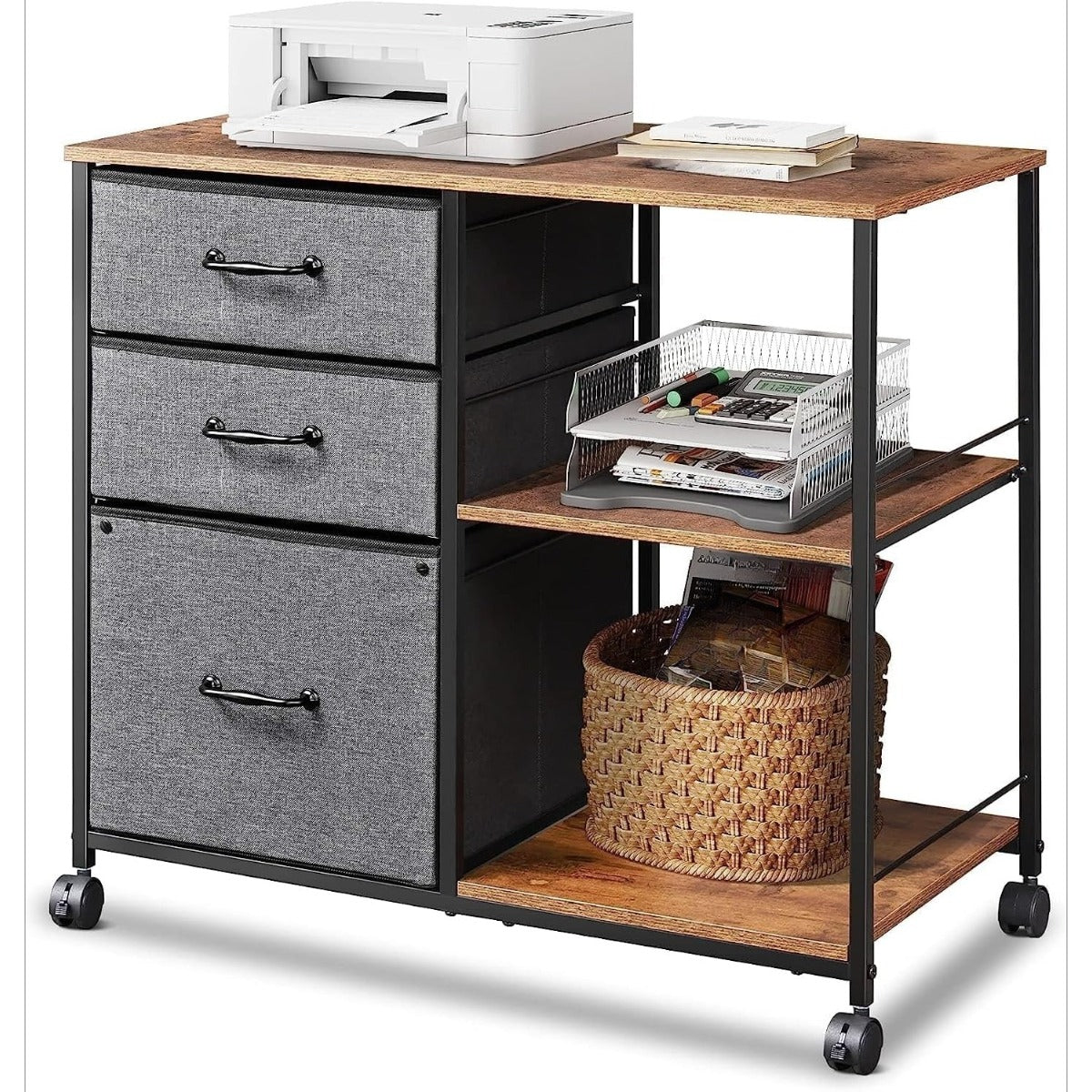 3 Drawer Mobile File Cabinet | Rolling Printer Stand with Open Storage Shelf, Fabric Lateral Filing Cabinet, Fits A4 or Letter Size, Espresso End, for Home Office