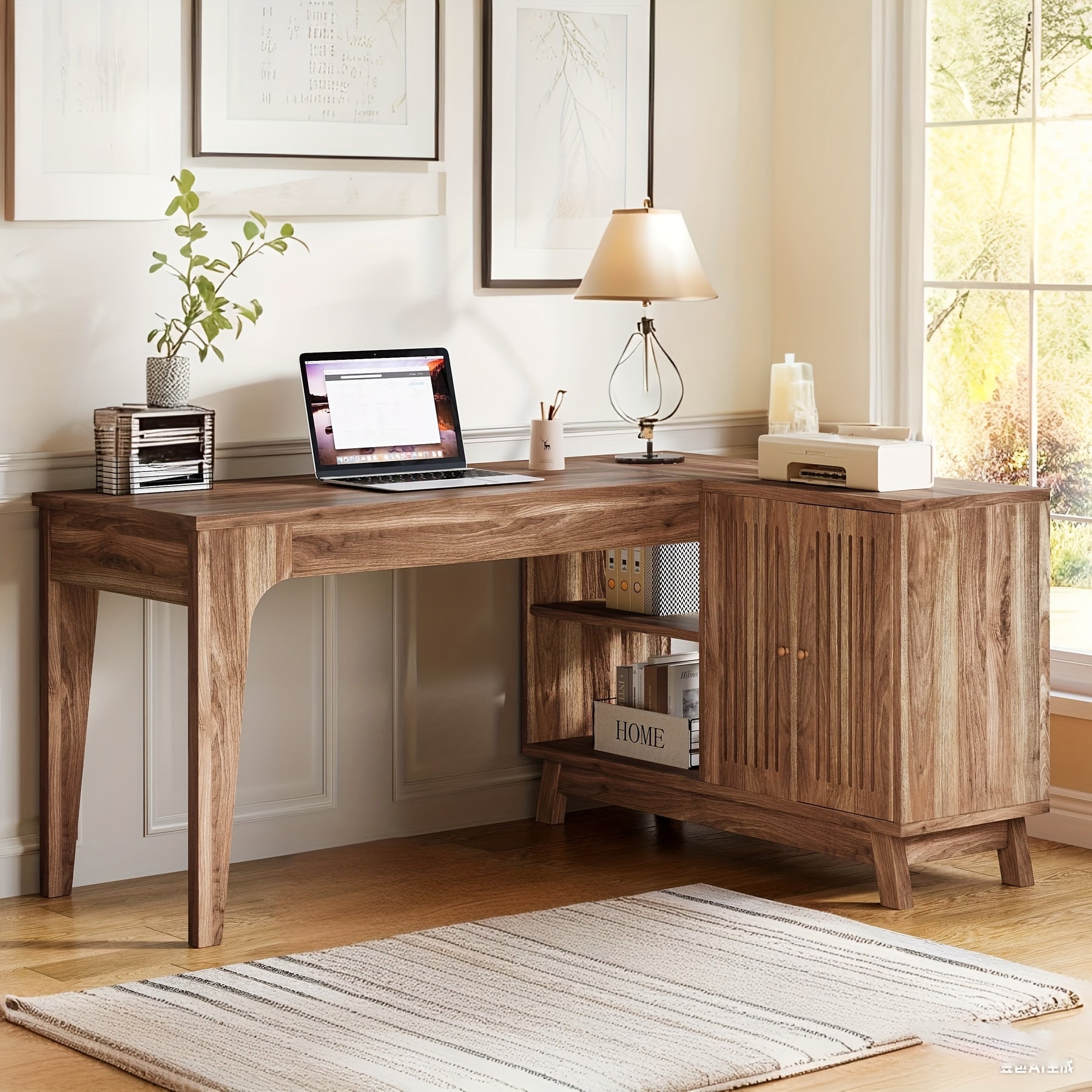 57-Inch Wooden L-Shaped Desk in the Corner for Computers, Study Writing Table Featuring Storage Shelves, Workstation with Cabinet Suitable for Home Office, in Walnut End