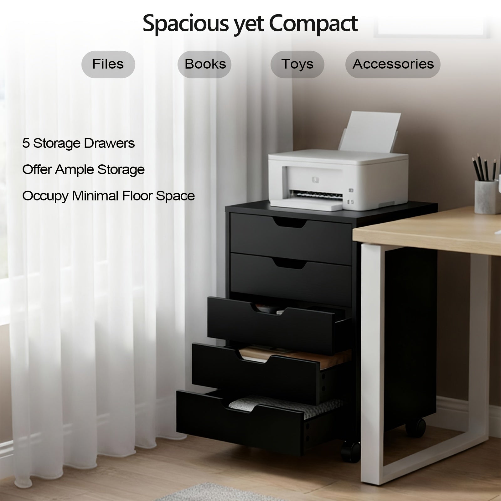 Bonnlo Wood Rolling File Cabinet with Wheels | Mobile Filing Chest with 5 Drawers, Under Desk Storage Organization Printer Stand for Home Office, Contemporary Style, Hardwood Material