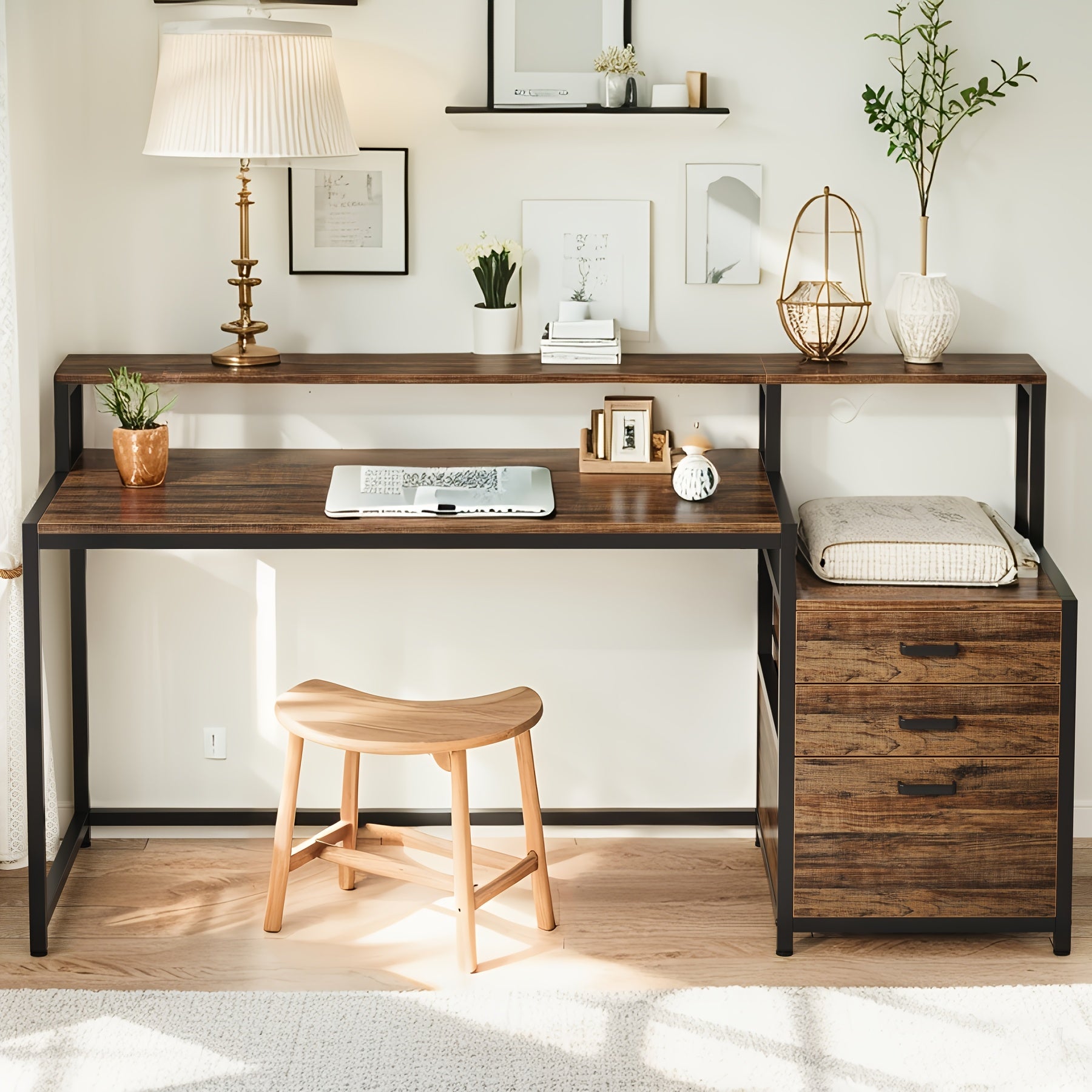 Computer Desk With Shelves And Drawers - 62.99 Inch Home Office Desk, Wooden Writing Desk With Monitor Stand
