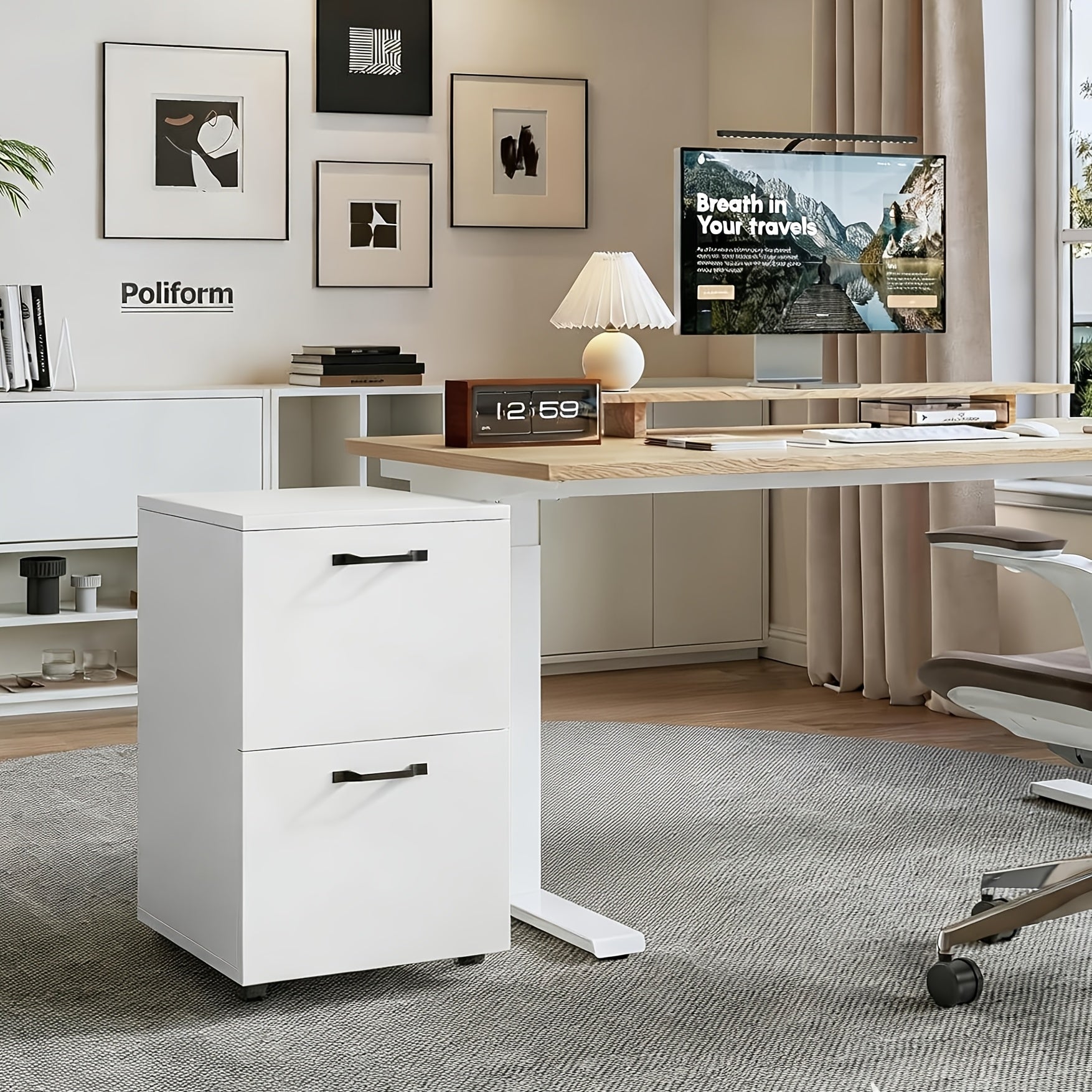 28Inch 2-Drawer Rolling File Cabinet with Lockable Wheels - Mobile Wooden Printer Stand & Under Desk Storage Organizer for A4, Letter, And Legal Size Documents, White Black