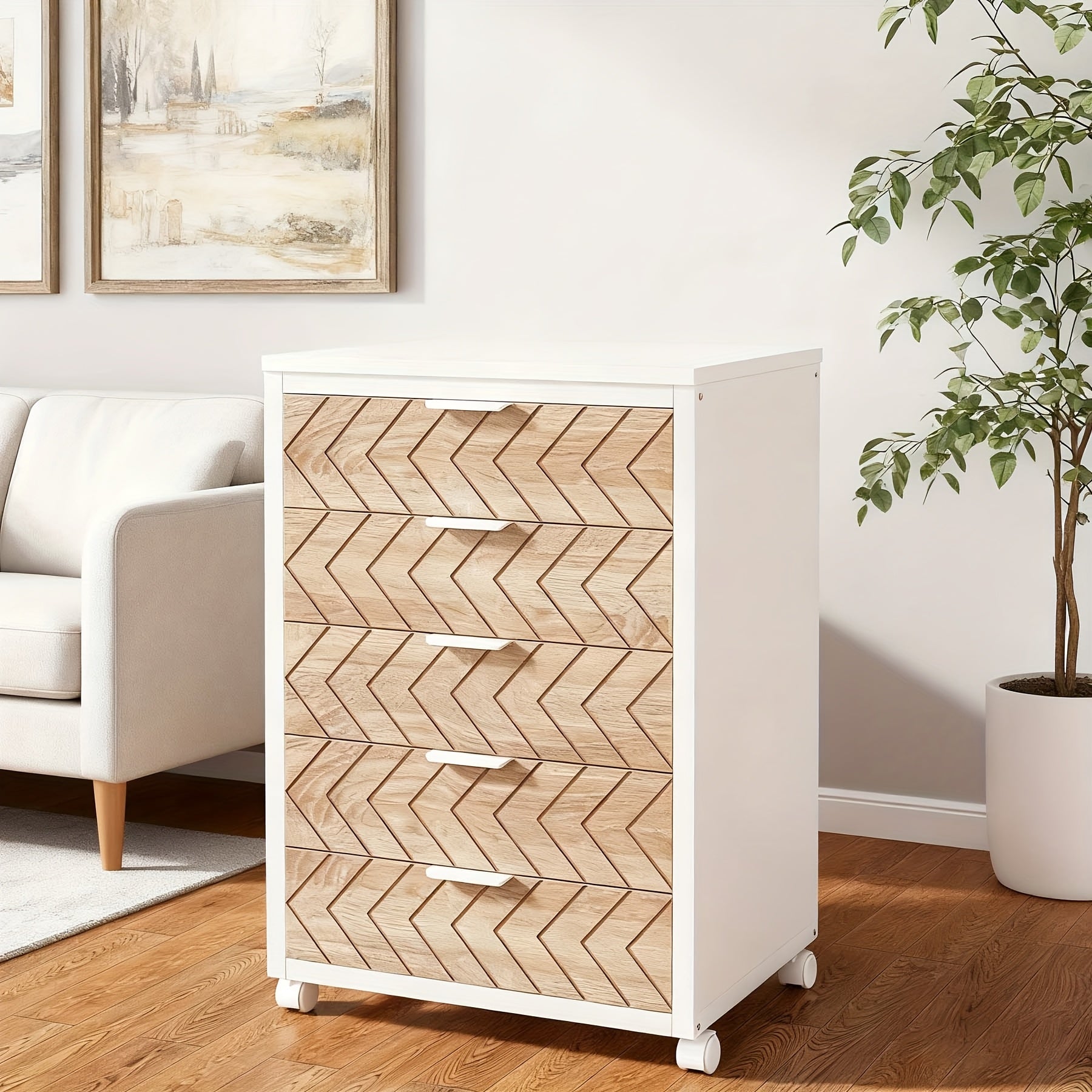 5-Drawer Beige & White Wood Mobile File Cabinet, Industrial Rolling Printer Stand with Herringbone Pattern for Home Office Storage, Durable Engineered Wood Design
