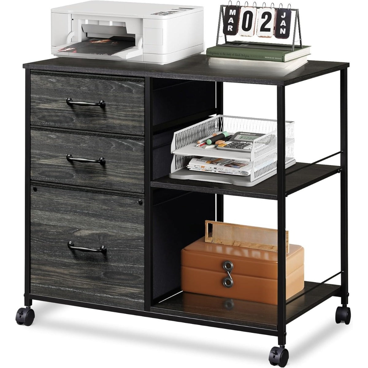 3 Drawer Mobile File Cabinet | Rolling Printer Stand with Open Storage Shelf, Fabric Lateral Filing Cabinet, Fits A4 or Letter Size, Espresso End, for Home Office