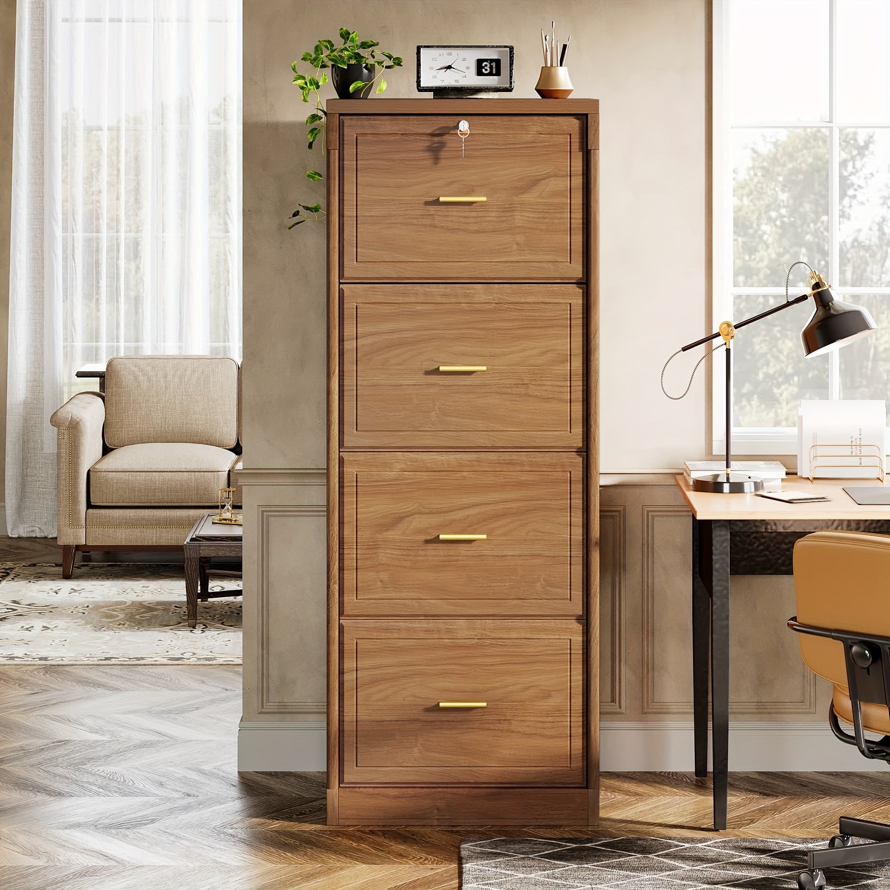 Brown Wooden File Cabinet with Lock, Secure Filing Cabinet with Key, Vertical Storage for Home Office, Accommodates Legal Size, Letter, And A4 Files